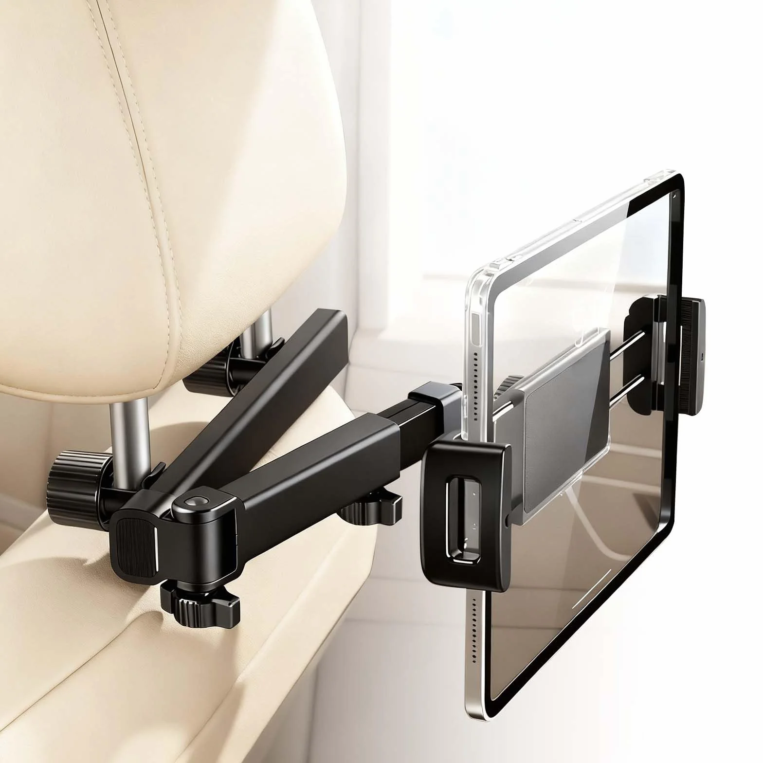 Soporte Tablet Coche Reposacabezas, 360° Rotación Soporte iPad Coche, Soportes Extensible Tablet Carro con Brazo de Extensión Plegable para Todos los Dispositivos de 5,4-13,2 Pulgadas