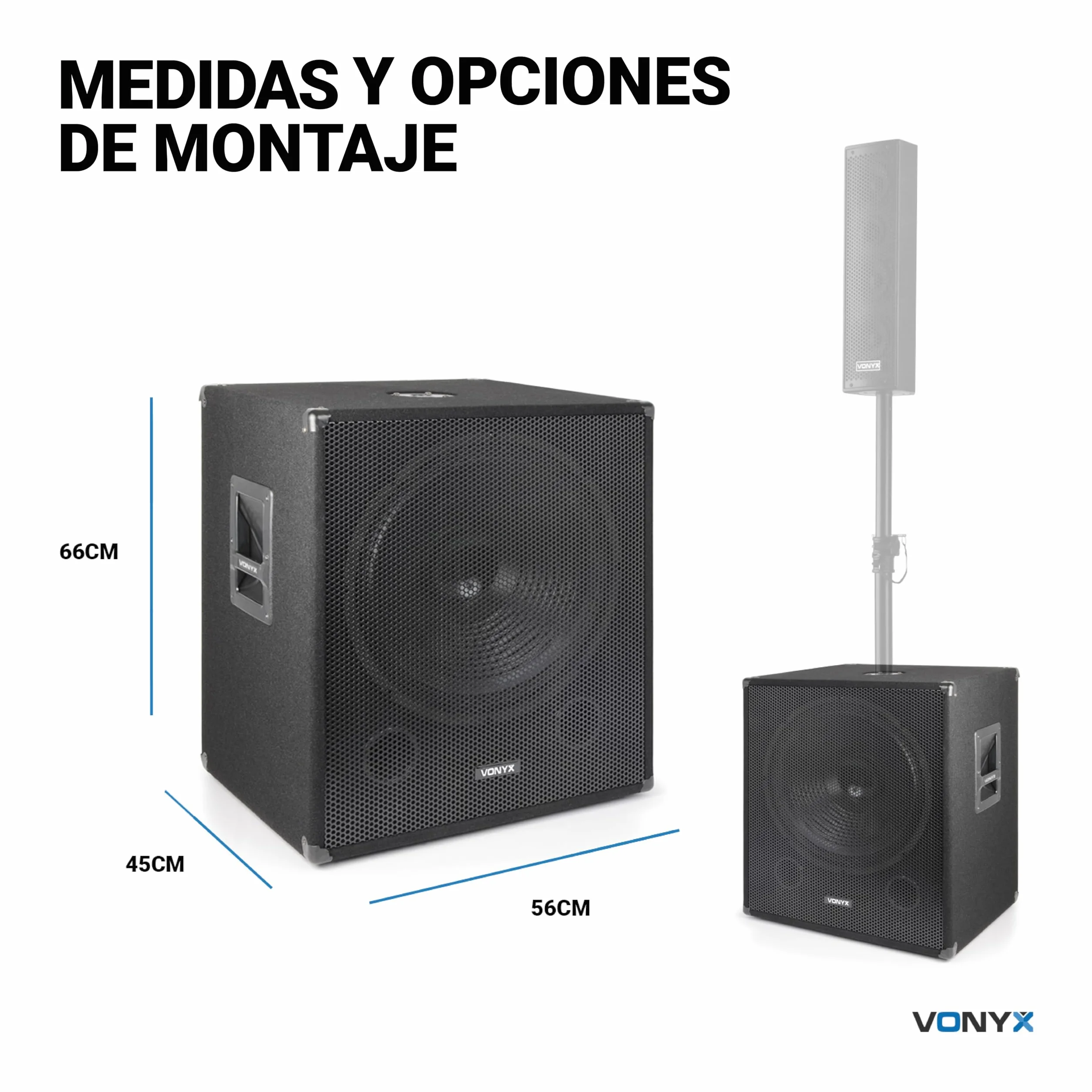 Vonyx SWA18 Subwoofer PA Activo 46cm (18") (500W Potencia máx, Conectores XLR RCA, Brida Estándar, Bass Reflex, Asa Transporte), Subwoofer Activo para DJ con Soporte y Revestimiento de Fieltro Negro