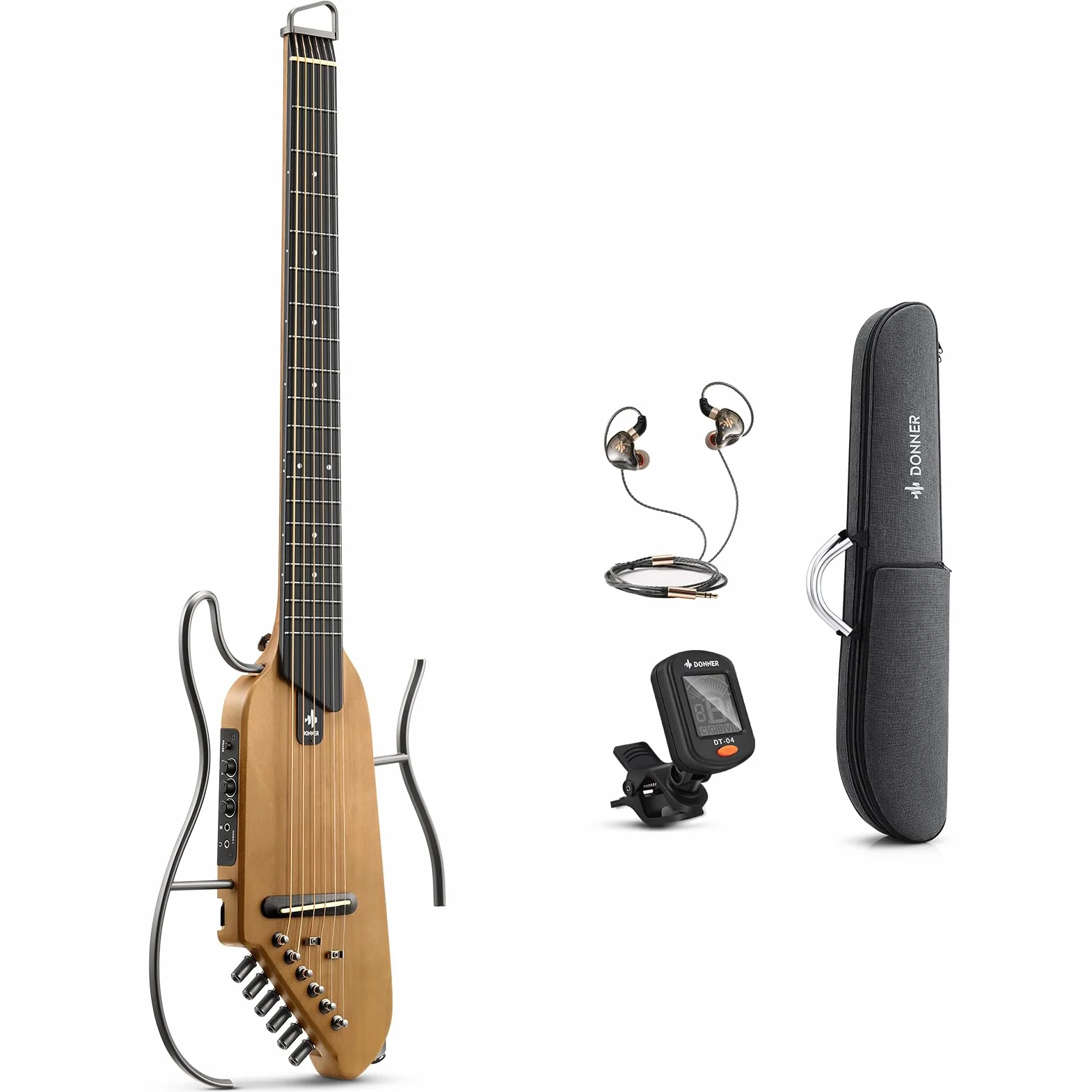 Donner HUSH-I Guitarra Portátil sin Cabeza - Guitarra Acústica-Eléctrica de Rendimiento Ultraligero y Callado para Viajes, Cuerpo de Arce con Marcos Removibles, Bolsa de Transporte y Accesorios