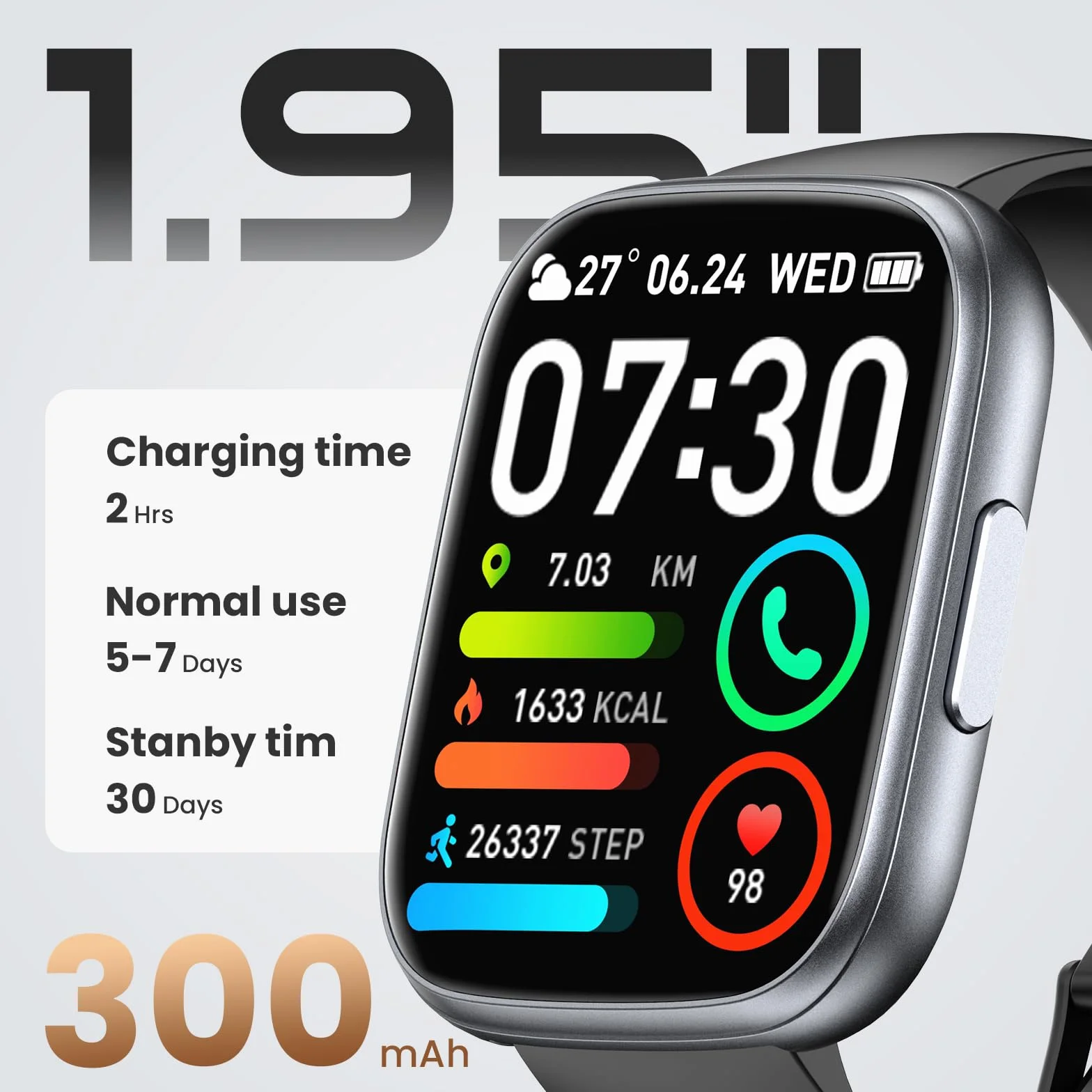 Reloj Inteligente Hombre Mujer, 1.95" Smartwatches Reloj Deporte con Funciún Llamadas y Mensajes Bluetooth, 110+ Deportivos SmartWatch con Podómetro/Pulsómetro/Monitor de Sueño, IP68 Pulsera Actividad