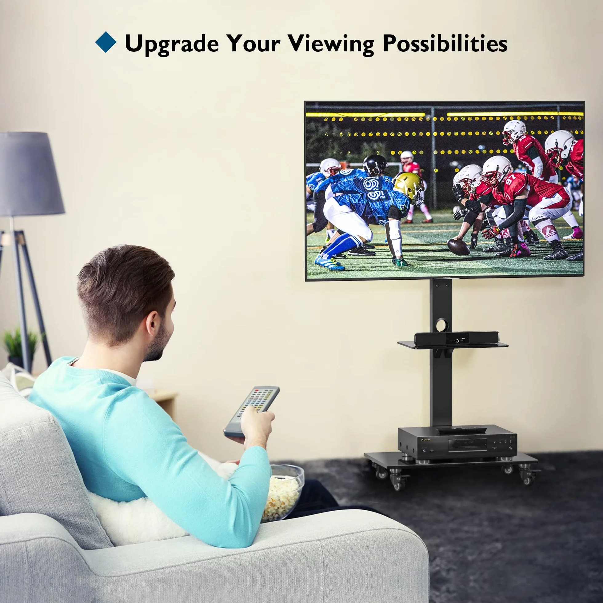 BONTEC Soporte TV Ruedas 30-70 Pulgadas Plasma LCD LED, Altura Ajustable 6 Niveles, 2 Vidrio Templado, 40 kg, VESA 600x400 mm