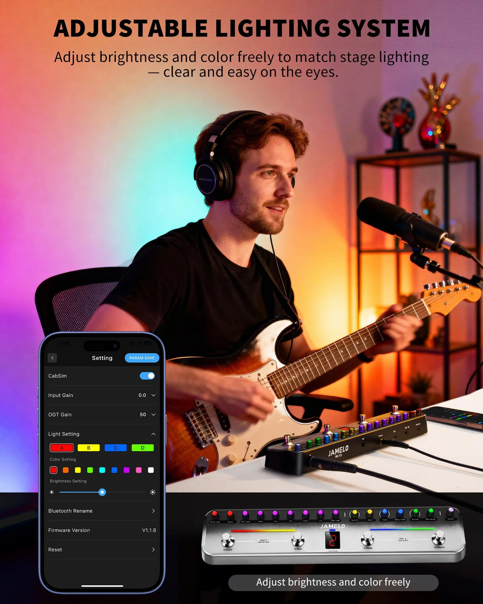 Pedal de efectos múltiples, procesador de efectos de guitarra JAMELO con 8 AMP y 8 CAB, reverberación, retardo, coro, puerta, aumento, recargable, Bluetooth y grabación, control por aplicación, 40