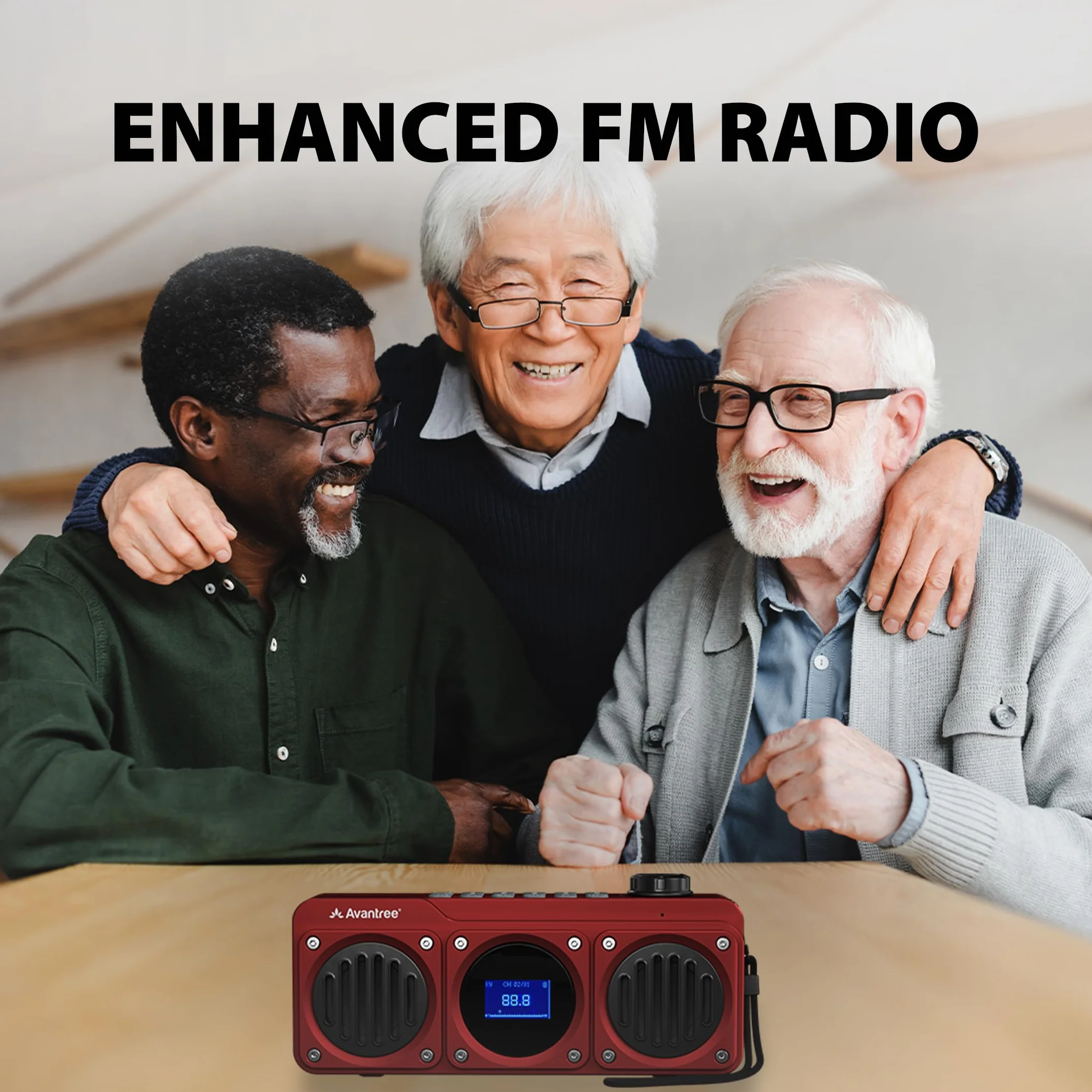 Avantree Boombyte - Radio FM Portátil Pequeña 4 en 1 y Altavoz Bluetooth con Altavoz Duales (14W), Volumen Potente, Sonido Estéreo, Lector Micro SD y Puerto USB, Reproductor de MP3 Recargable - Rojo