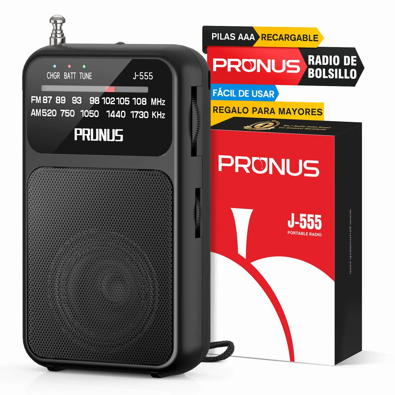 PRUNUS J-555 Am/FM Radio Portatil Pequeña Recargable, Radios Pequeña Pilas, con Toma de Auriculares, Carga USB-C, Transistor Radio de Bolsillo con Clip y cordón para Correr, Acampar. (Negro)