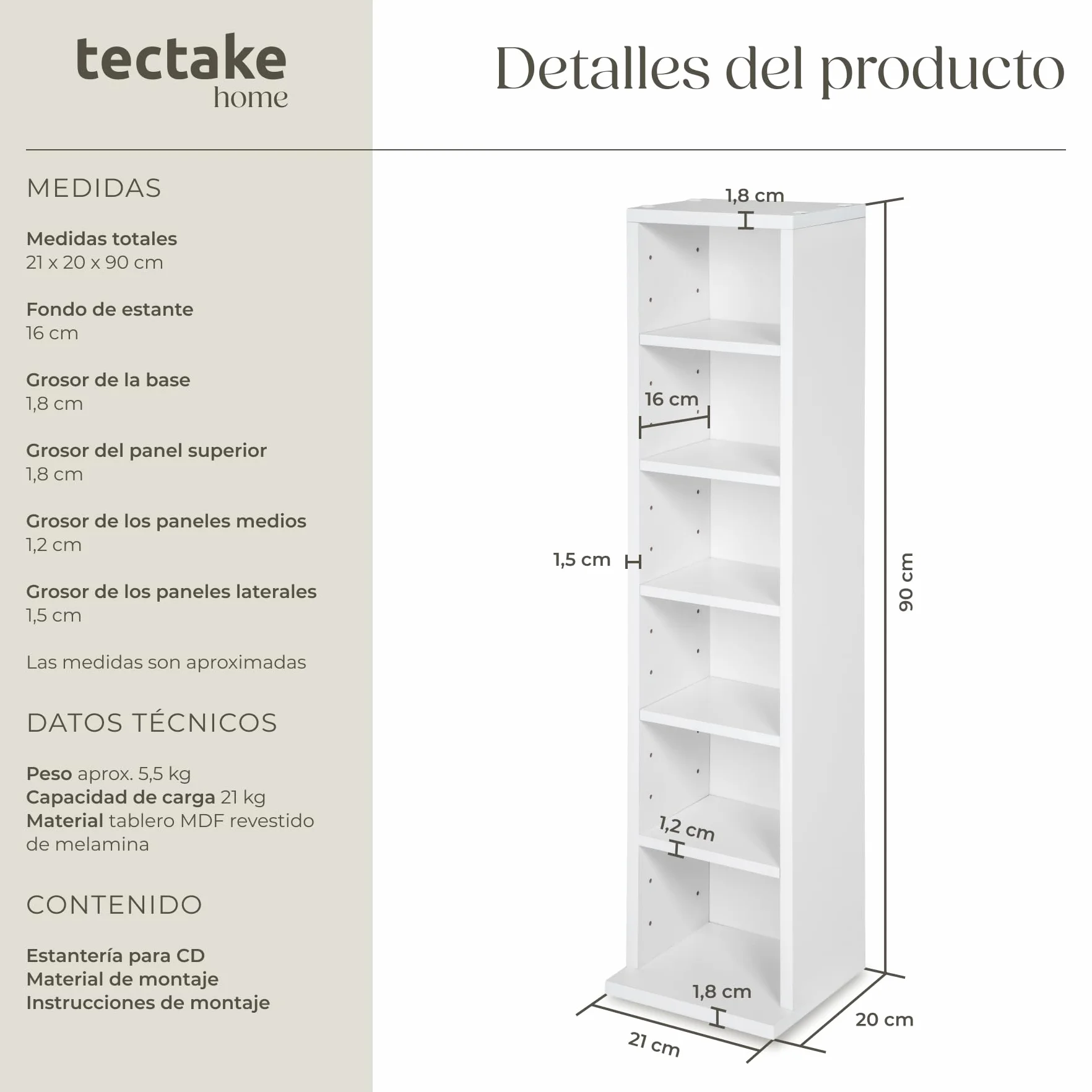 tectake® Estantería de Pared, Efecto Madera, 6 Compartimentos, Estantes Ajustables en Altura, para 102 CDs, Fácil de Montar, Almacenamiento, Decoración Habitación, Muebles Salón, Librería - Blanco