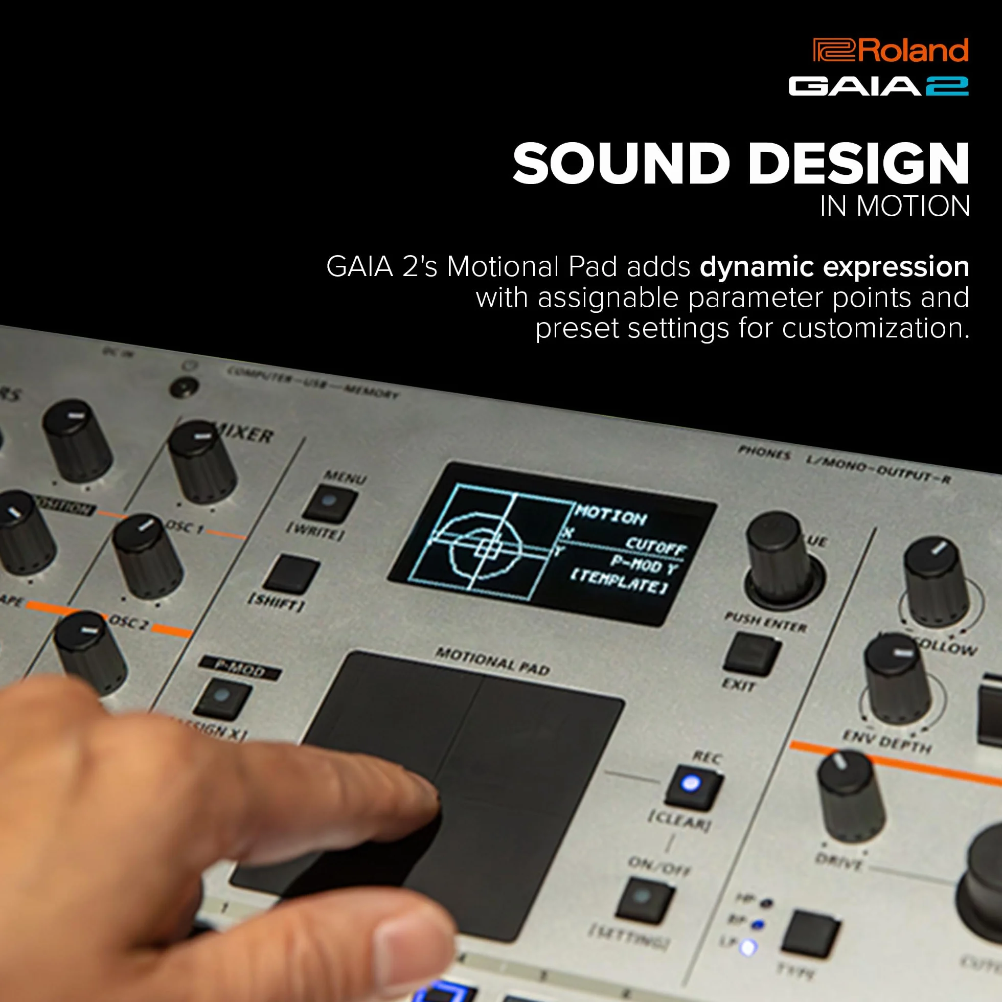 Sintetizador Roland GAIA 2 con prestaciones sonoras avanzadas | Generador de sonido híbrido que combina síntesis de tabla de ondas y virtual analógica | Motional Pad integrado