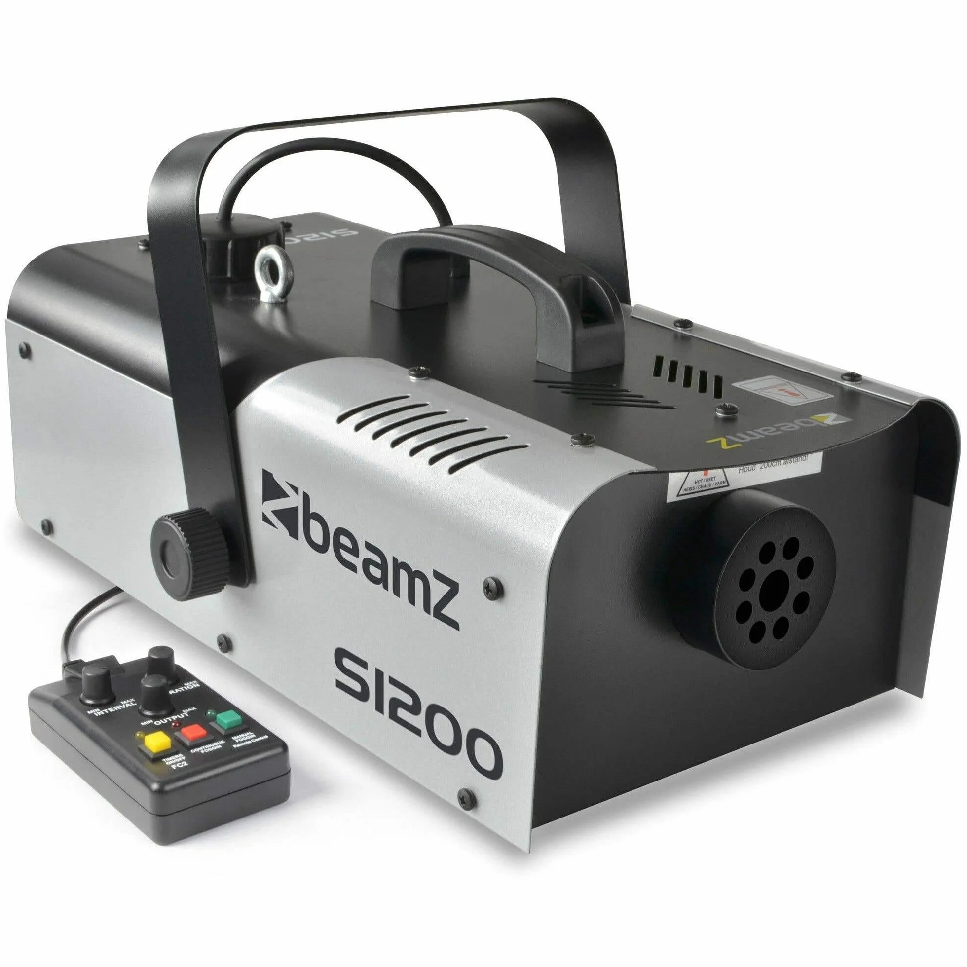 BeamZ S1200 MKII máquina de humo de 1200W, con tanque de 900ml. salida de 215m3 de humo por minuto, control remoto con cable de 3 metros con programador, sólida y fácil de transportar