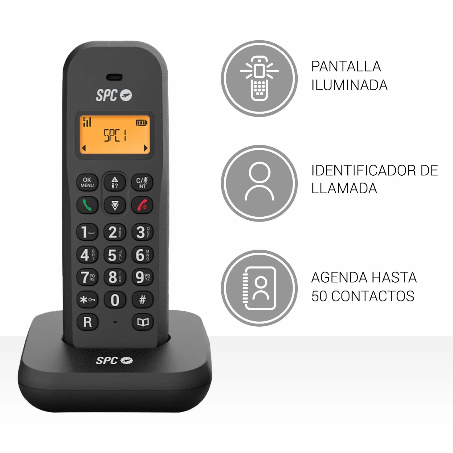 SPC Keops Teléfono Inalámbrico con Pantalla Iluminada Identificador de Llamadas Agenda 50 Contactos Modo Eco Compatibilidad Gap Negro