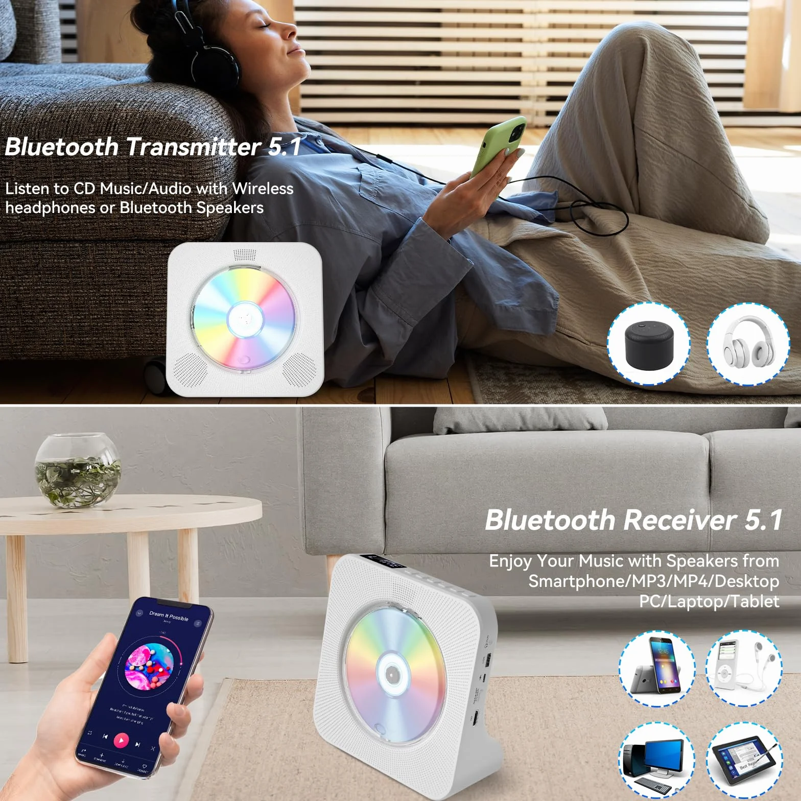 Qoosea Reproductor de DVD para TV con Bluetooth Reproductor de DVD y CD de Escritorio con Altavoces Pantalla Reloj Despertador Radio FM Reproducción de Tarjeta USB, Control Remoto e Cable HDMI(Blanco)