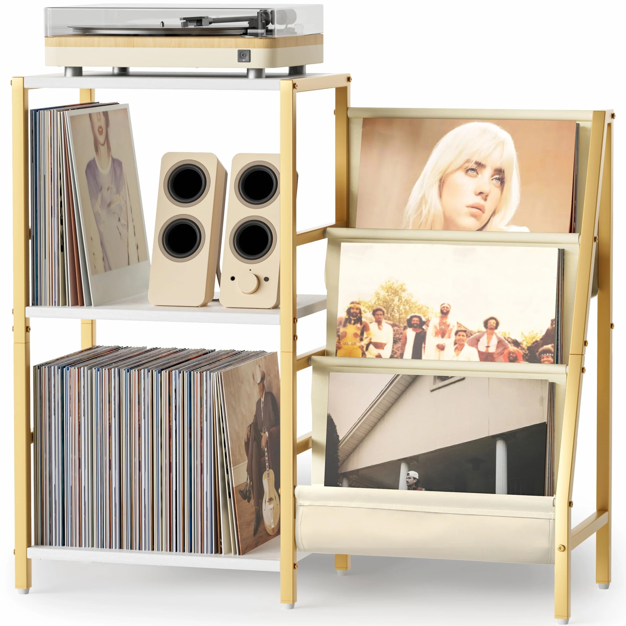Bikone Mueble para Tocadiscos con 3 Niveles Almacenamiento de Vinilos – Mesa Giradiscos con Estante Expositor, Capacidad para 200 Discos, Consola de Medios para Estéreo y Equipos de Audio (Dorado)