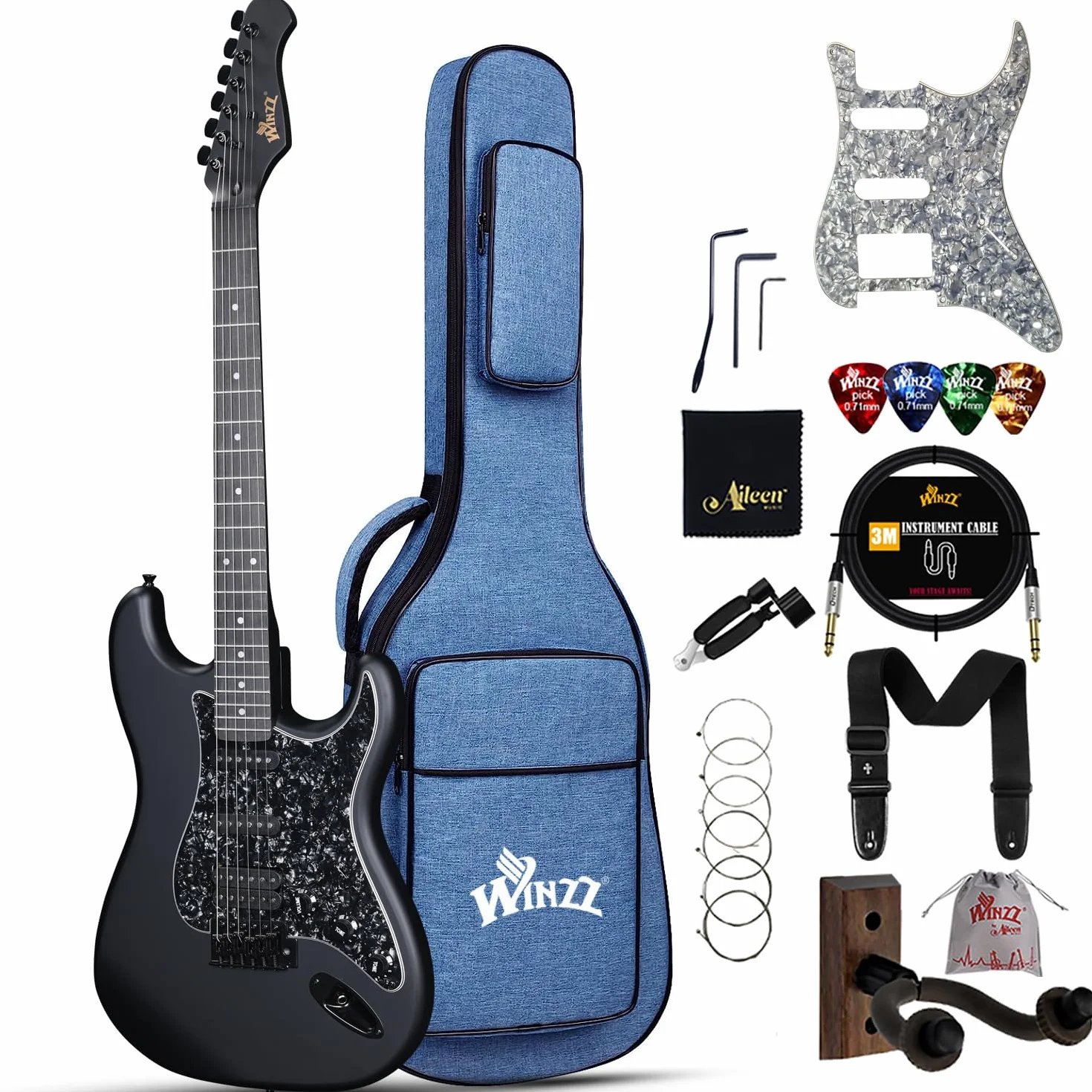 Winzz Guitarra Eléctrica Adulto 4/4 Tamaño Completo, Pastilla HSS, Guitarra Eléctrica ST para Principiantes Pack con 12 Accesorios, Electric Guitar Kit por 12+ Años (39" Negro Mate, Pickguard Negro)