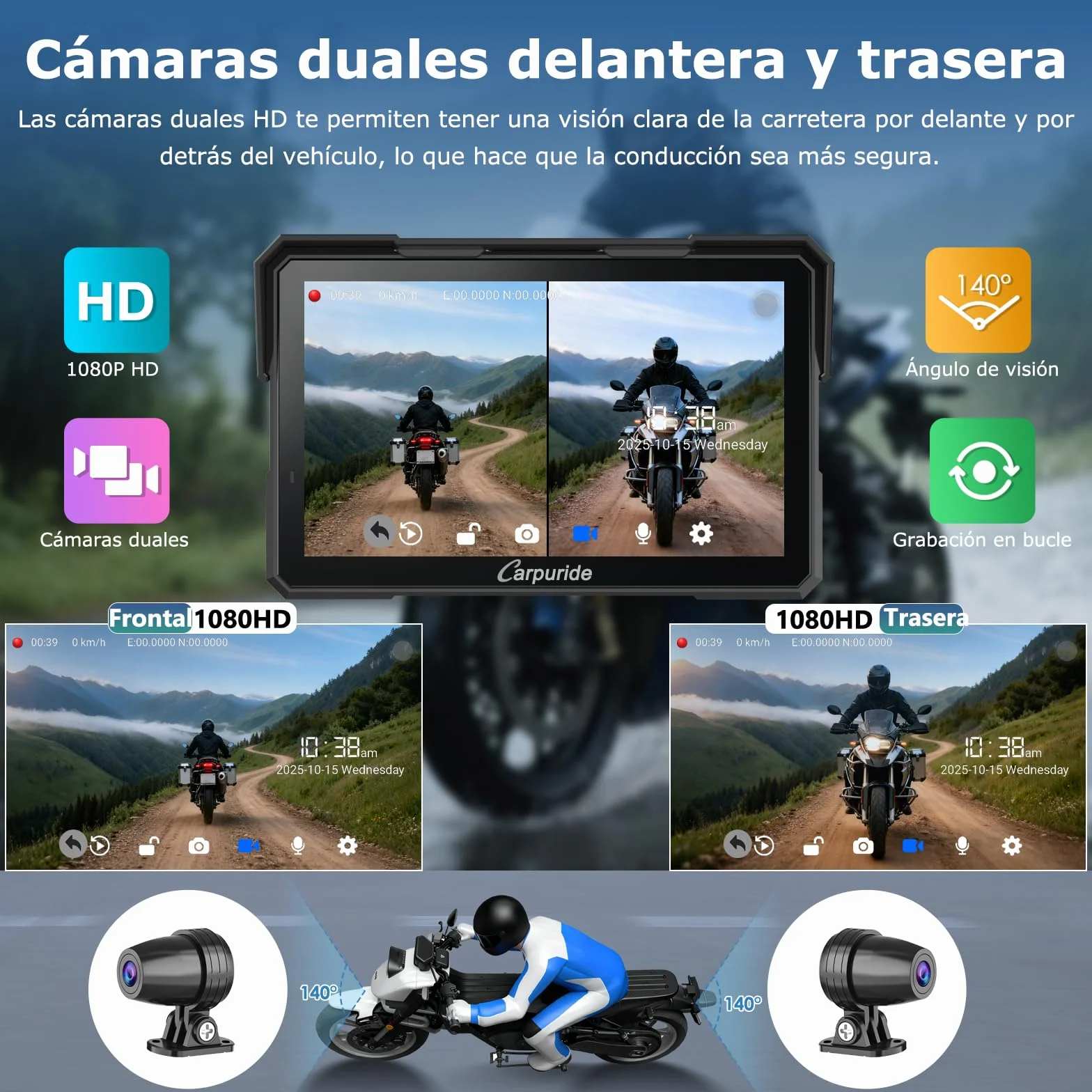 Carpuride W702 Plus Motocicleta Carplay Pantalla con Doble Cámara 7" Pantalla Táctil Impermeable CarPlay Android Auto Inalámbricos