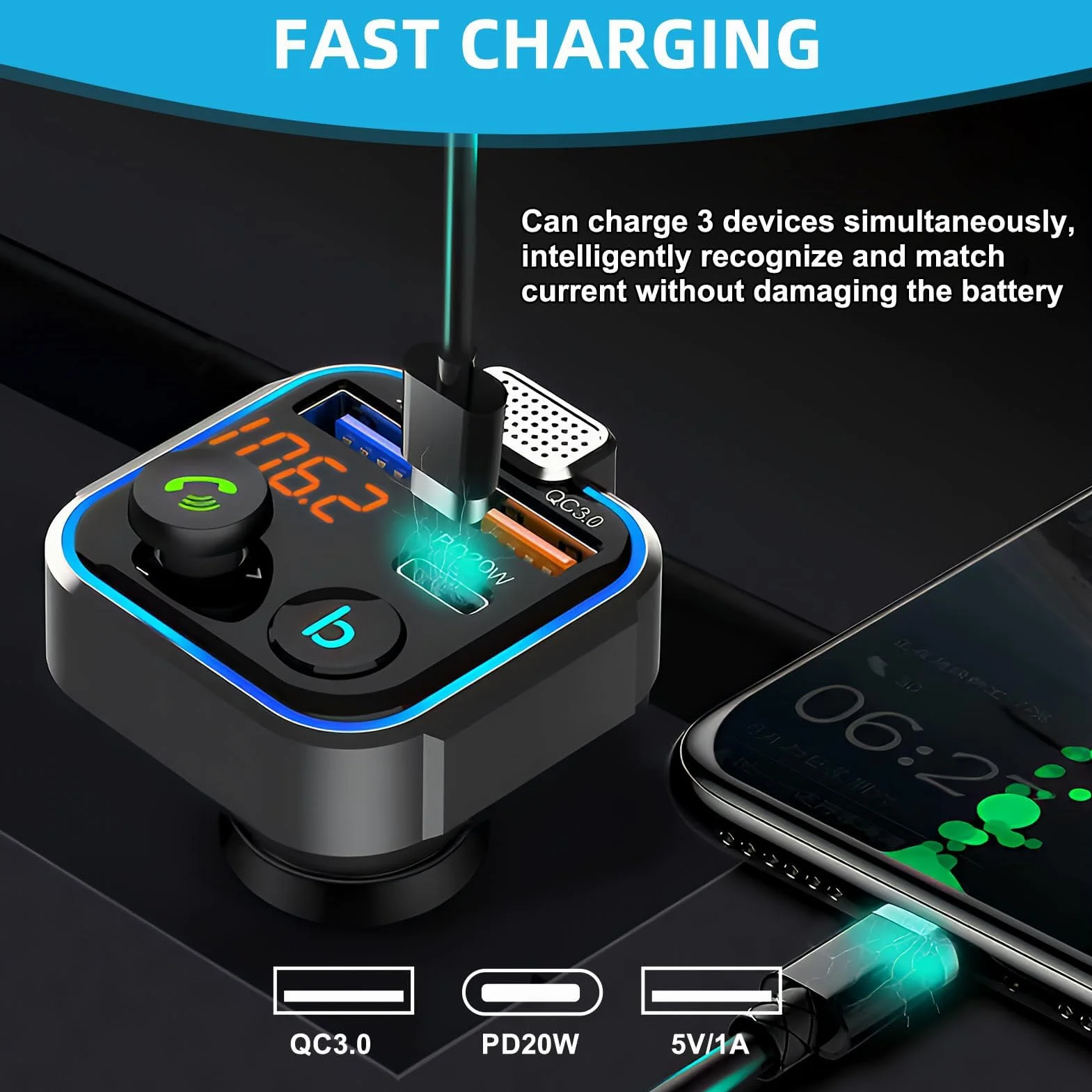 Transmisor FM Bluetooth Coche Adaptador Carga Rápida PD20W QC3.0 Reproductor MP3 USB