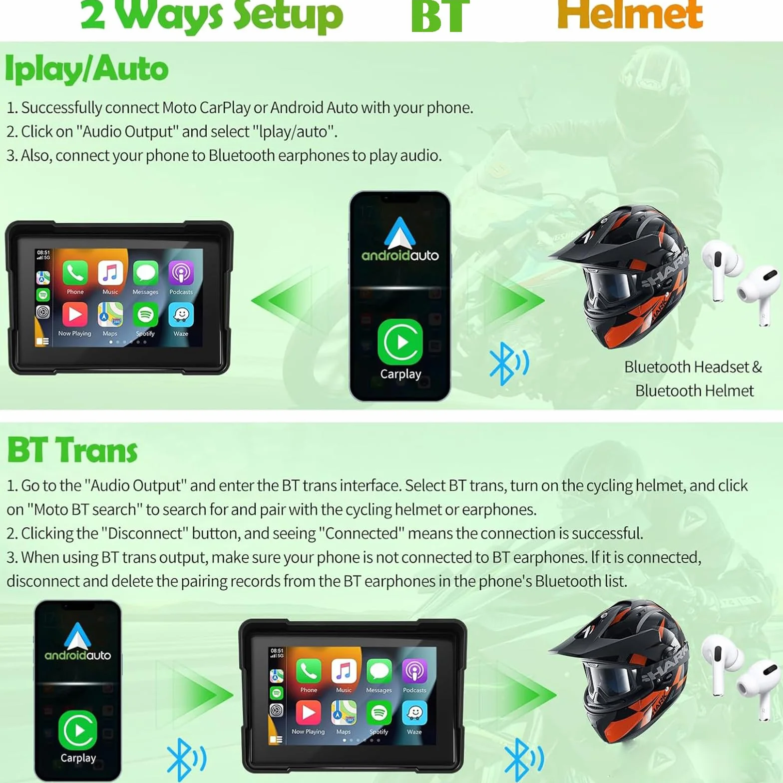 Carplay de Motocicleta y Android Auto, Euakee Carplay con Pantalla Táctil Impermeable de 5 Pulgadas, Sistema de Navegación GPS Inalámbrico Portátil para Motocicleta, Soportes de Montaje Incluidos