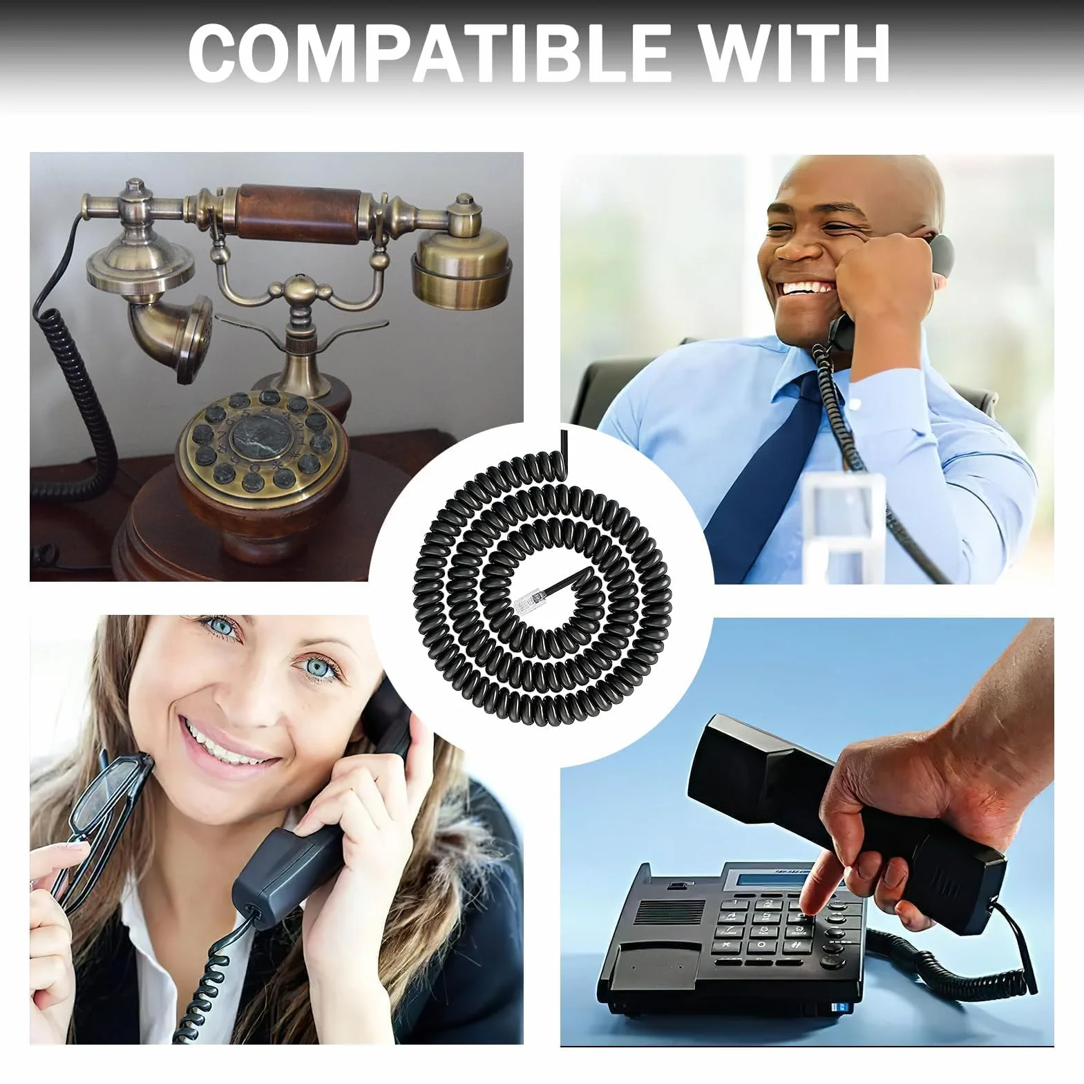 2 Piezas Cables de Teléfono, Cable Telefono Fijo en Espiral RJ9 RJ10 4P4C, Cable Telefono de 3 a 10 Pies, Cable Telefonillo Portero Automático, Cable de Conexión para Teléfono Fijo Alta Flexibilidad