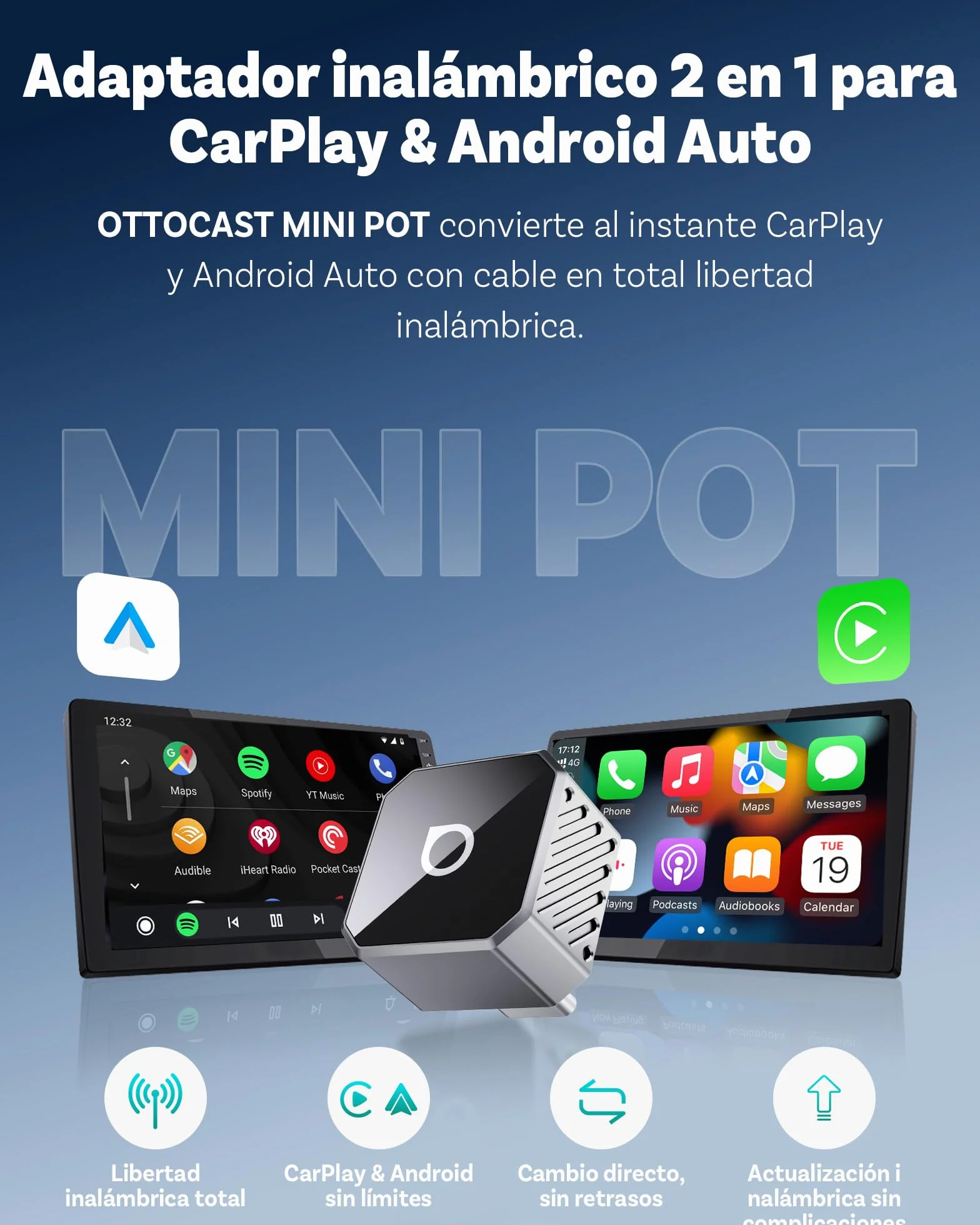 Ottocast Mini Cube 3.0 Adaptador CarPlay Inalámbrico – Dongle USB-C Ultra Mini, Reconexión Automática 5–8 s, Memoria para Dos Teléfonos, Convierte CarPlay y Android Auto por Cable a Inalámbrico