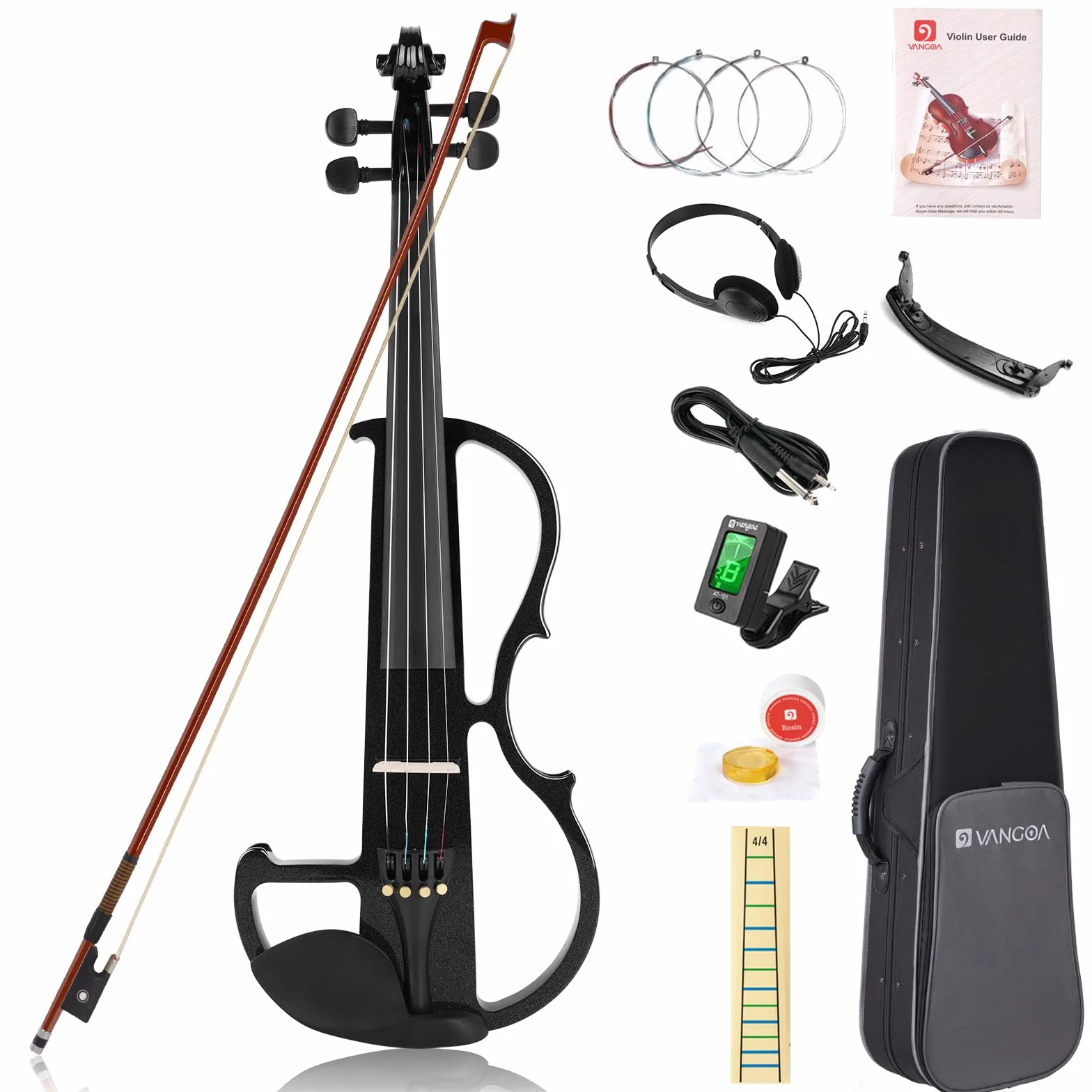 Vangoa Violín Electrico 4/4 Tamaño Completo Violín Silencioso para Principiante Madera Maciza Kit de Violin, Negro