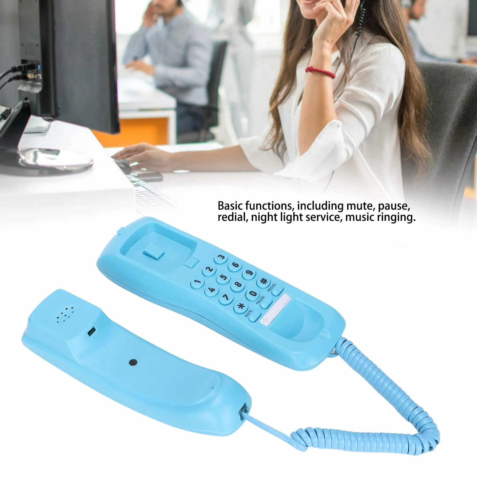 PUSOKEI Teléfono con Cable, Teléfono Fijo de Pared, una Línea, Rellamada, 7,9 x 2,4 x 2,2 Pulgadas (Azul)