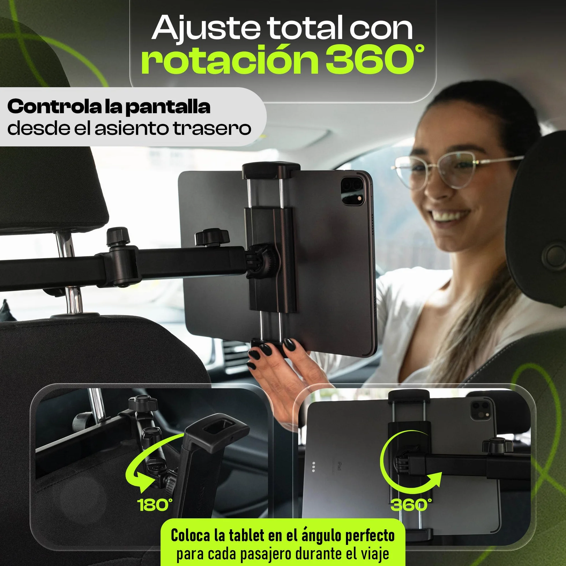 Soporte Tablet Coche Reposacabezas - Soporte iPad para Asiento Trasero - Cable 1,2 m Incluido – Brazo Extensible Antivibración 360º – Compatible 4,7″–13″ (Tablet, iPad, Movil)