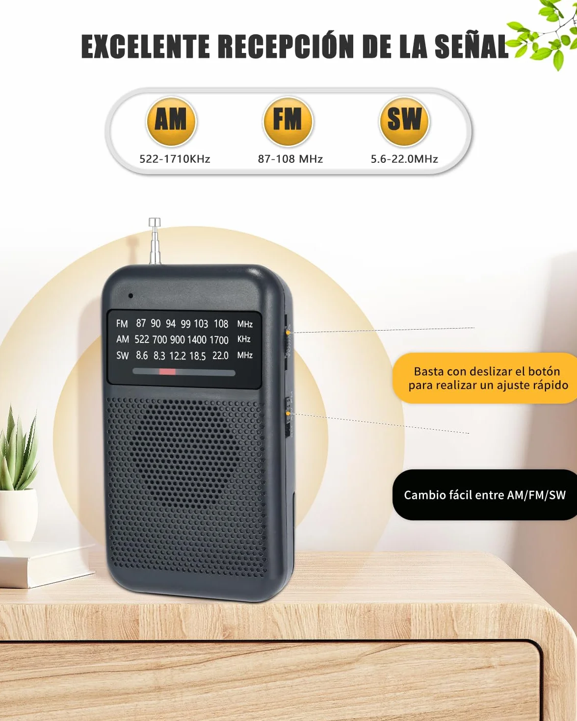 Radio portátil pequeña AM/FM/SW a pilas, mini radio de bolsillo con toma de auriculares