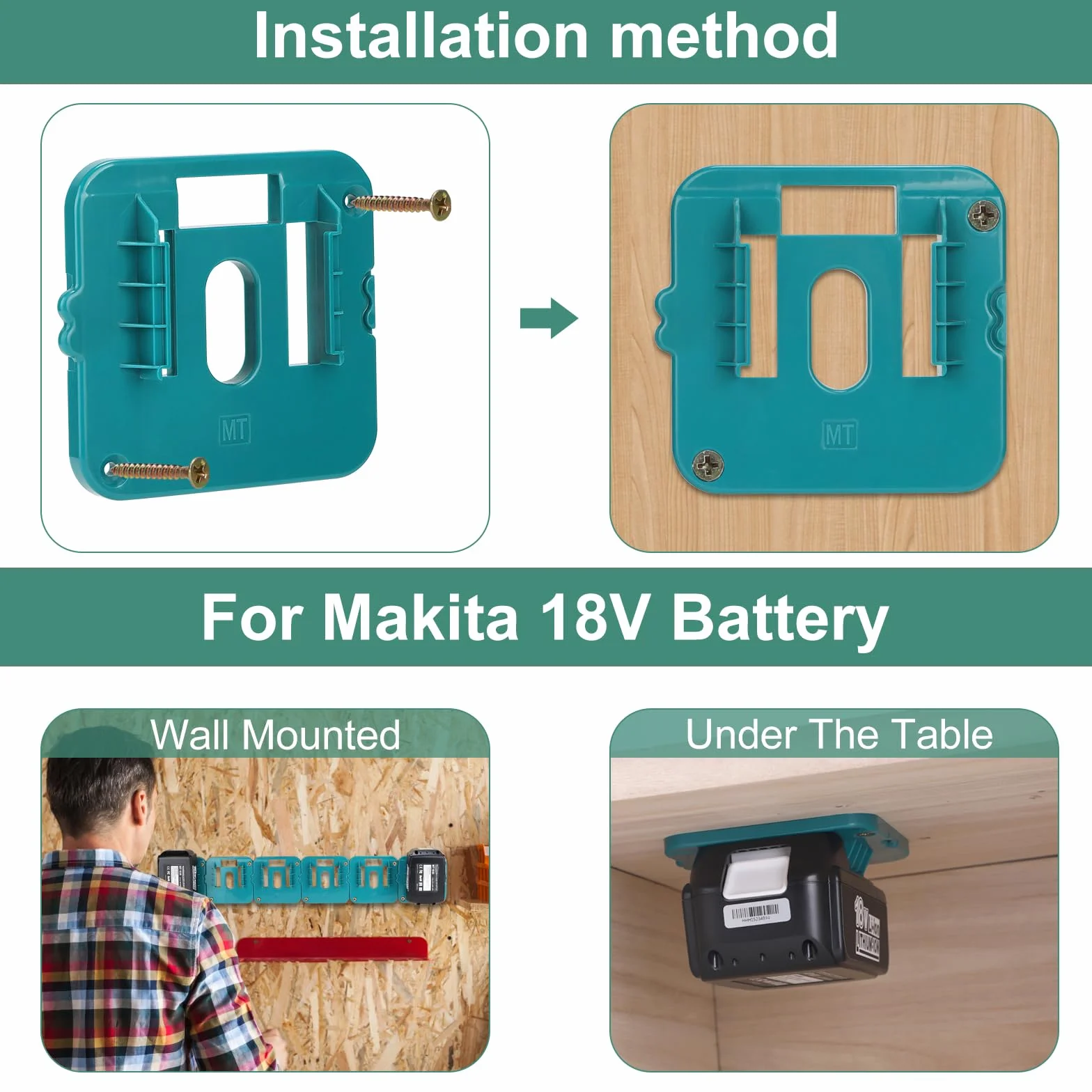 EFUTURETIME 6 x Soportes Batería Makita 18V Pared con 12 Tornillos, Compatible con Makita BL1860 BL1850 BL1840 BL1830, Azul(Sin Batería)