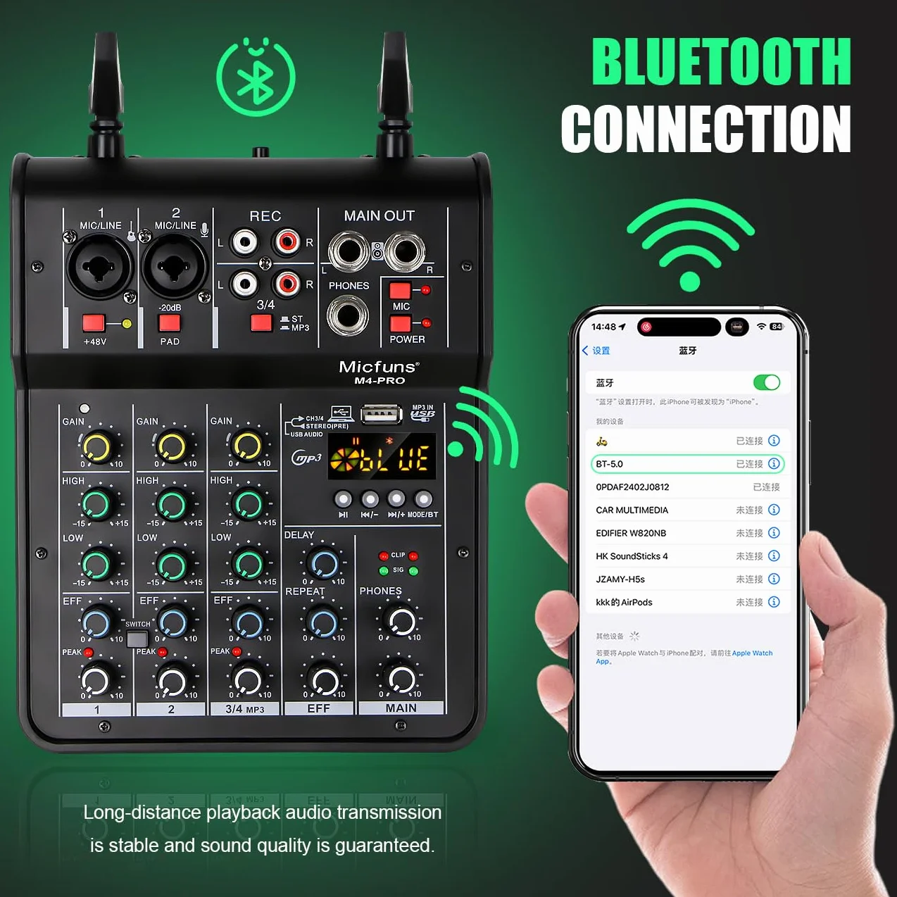 M4pro - Mezclador de audio, mezclador de 4 canales con micrófono inalámbrico dual, consola de placa de sonido, MP3, Bluetooth, 48 V, alimentación fantasma, USB, mezcla de DJ para el hogar,