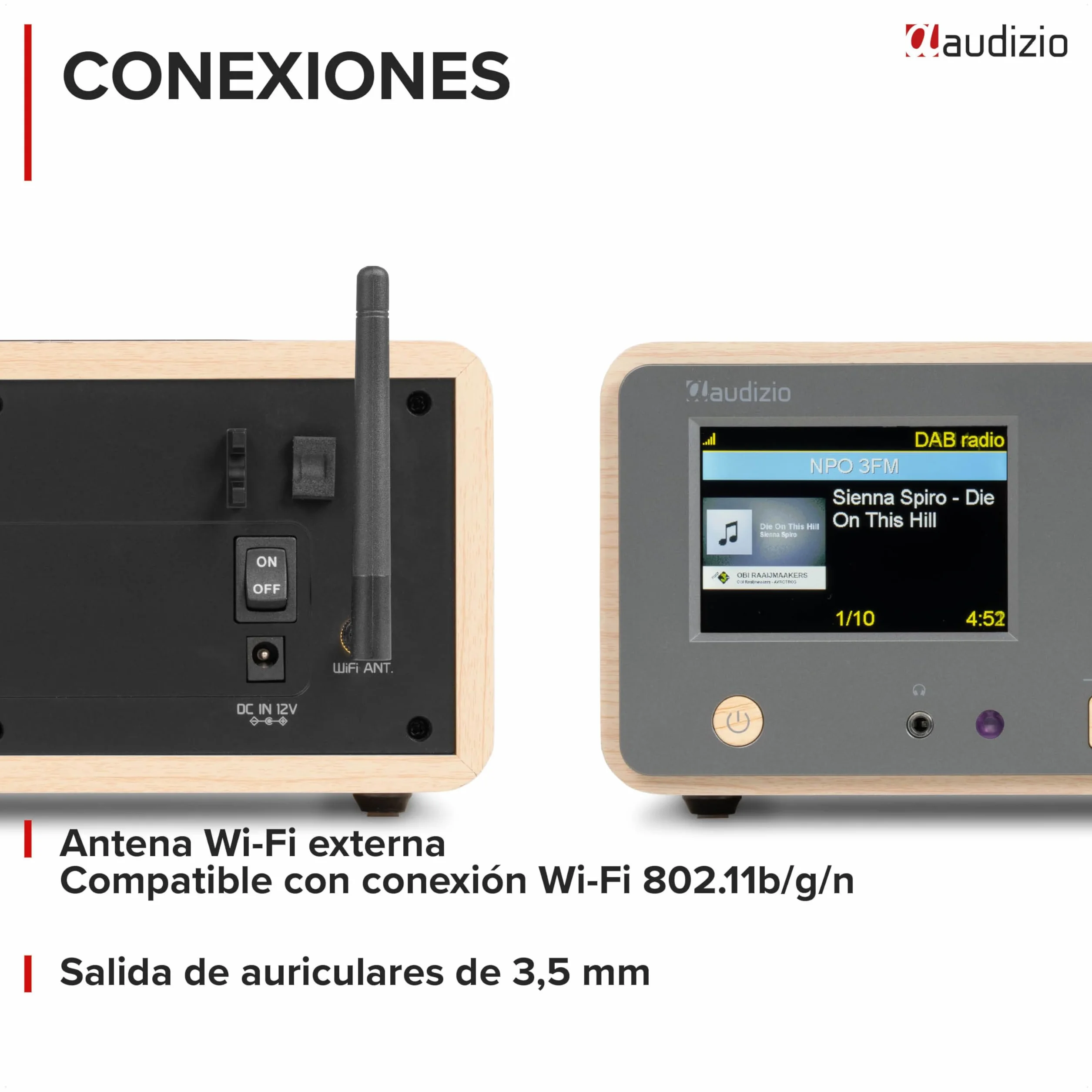 Audizio Dozza – Radio Dab+ FM Internet con Bluetooth 5.3, WiFi, 40W, Pantalla 3.5", Despertador, Mando a Distancia, Altavoz Radio Bluetooth con Gran Sonido para casa y Oficina, Color Bambu y Gris