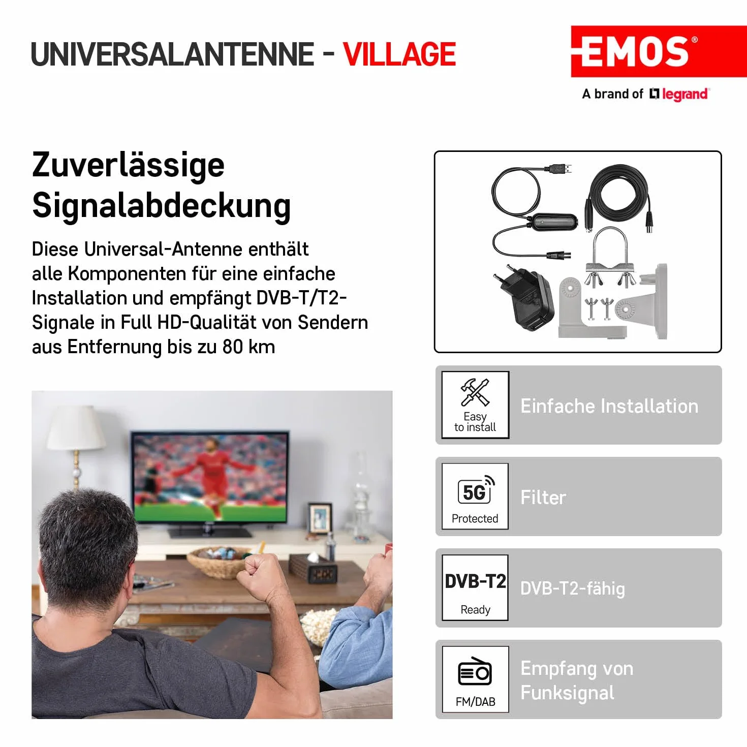 EMOS Antena Digital Activa Village, Exterior, FM/Dab/DVB-T/T2, Amplificador, LTE/4G/5G, Alcance 0–80 km, 360°, Resistente Intemperie/UV