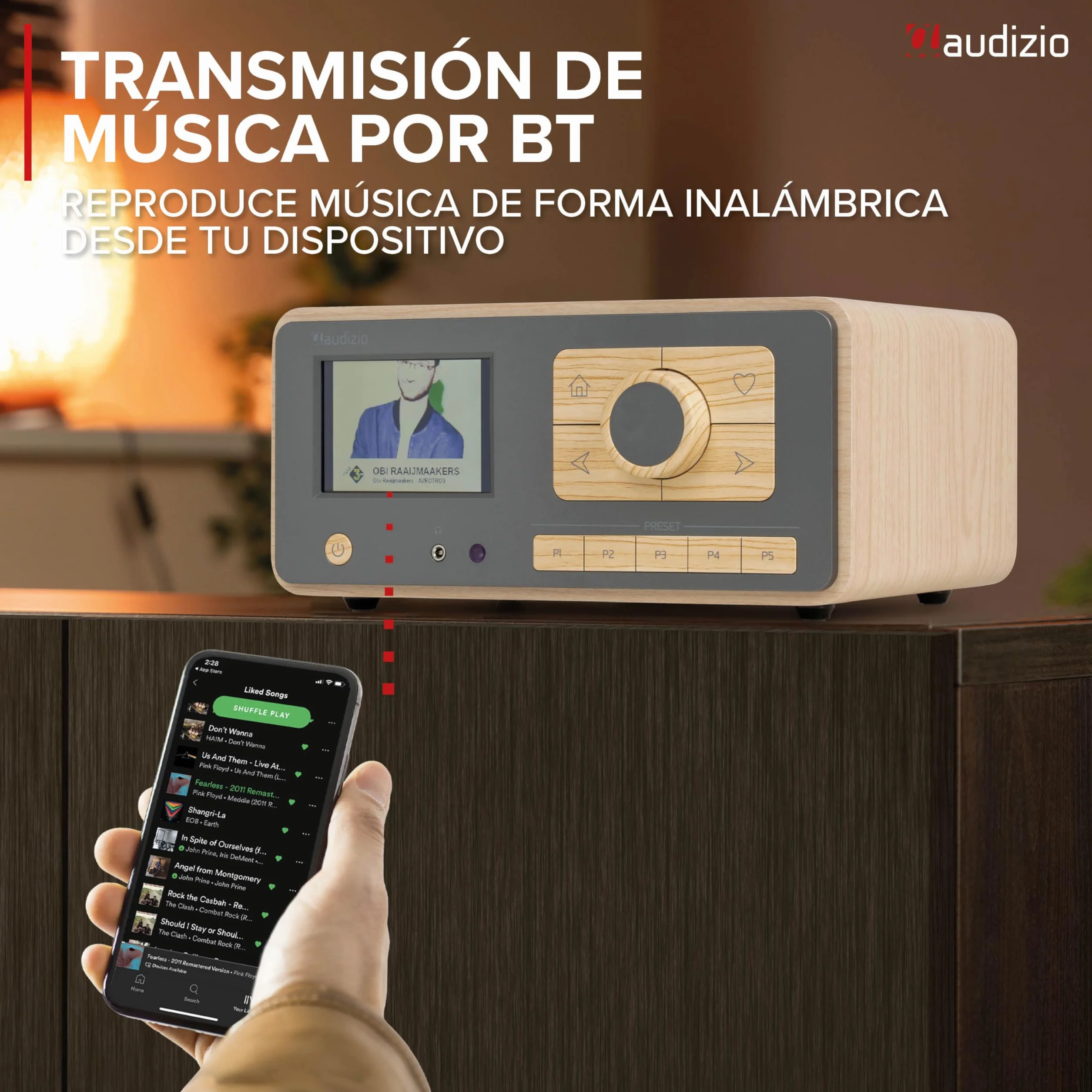 Audizio Dozza – Radio Dab+ FM Internet con Bluetooth 5.3, WiFi, 40W, Pantalla 3.5", Despertador, Mando a Distancia, Altavoz Radio Bluetooth con Gran Sonido para casa y Oficina, Color Bambu y Gris