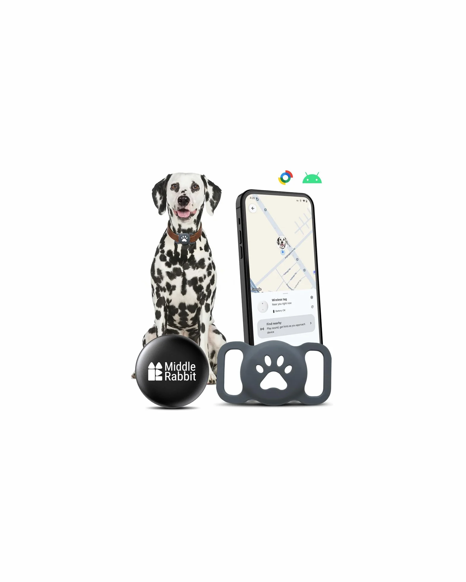 Localizador Perro Android para Collar, Rastreador Bluetooth Compatible con Google Find Hub, GPS para Perros Sin Suscripción, Resistente al Agua IPX6, Middle Rabbit