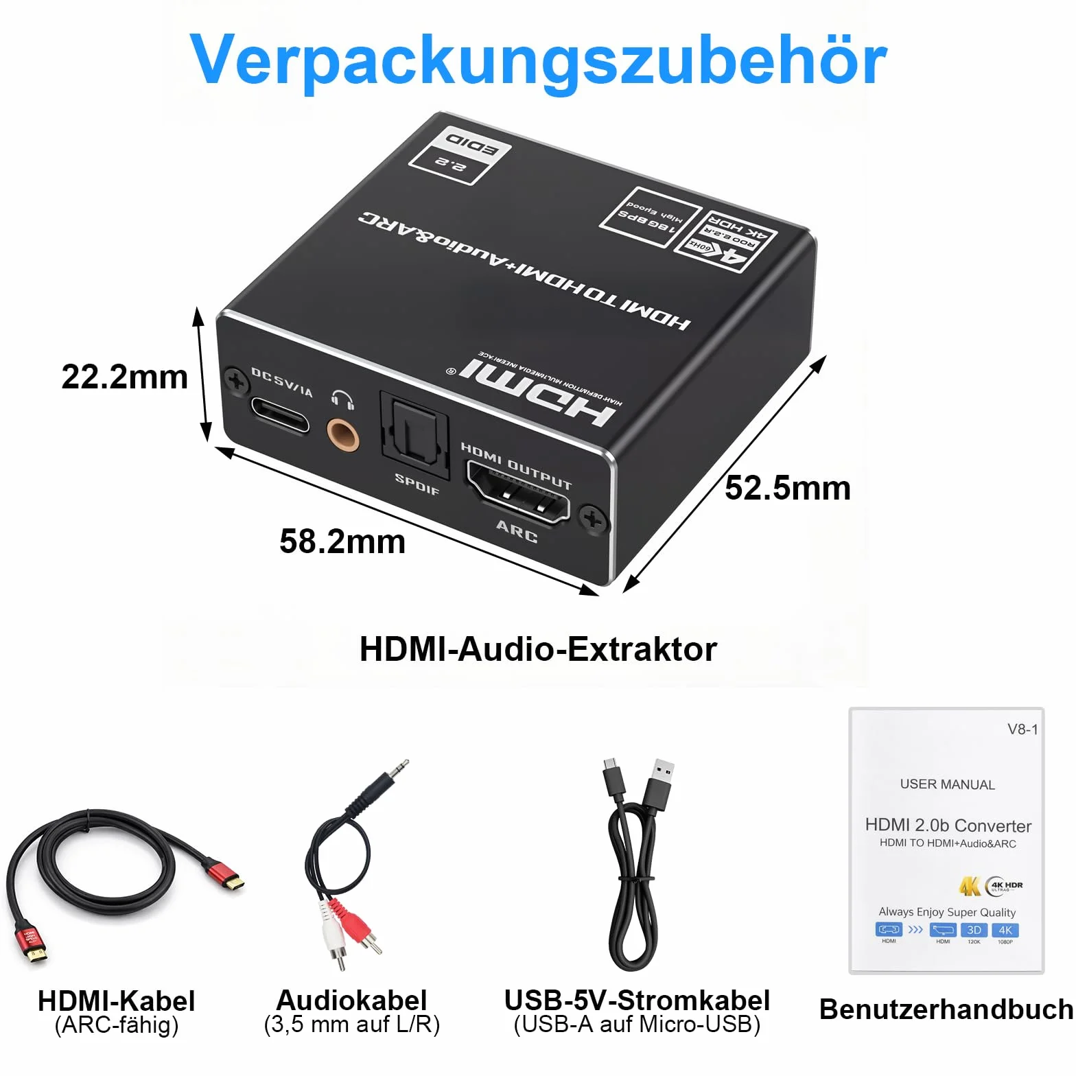 Extractor de audio HDMI ARC 4K 60Hz, adaptador óptico HDMI a 3.5MM convertidor divisor, convertidor DAC digital analógico de 192 KHz, SPDIF TOSLINK óptico y salida de audio estéreo de 3,5MM. Soporta