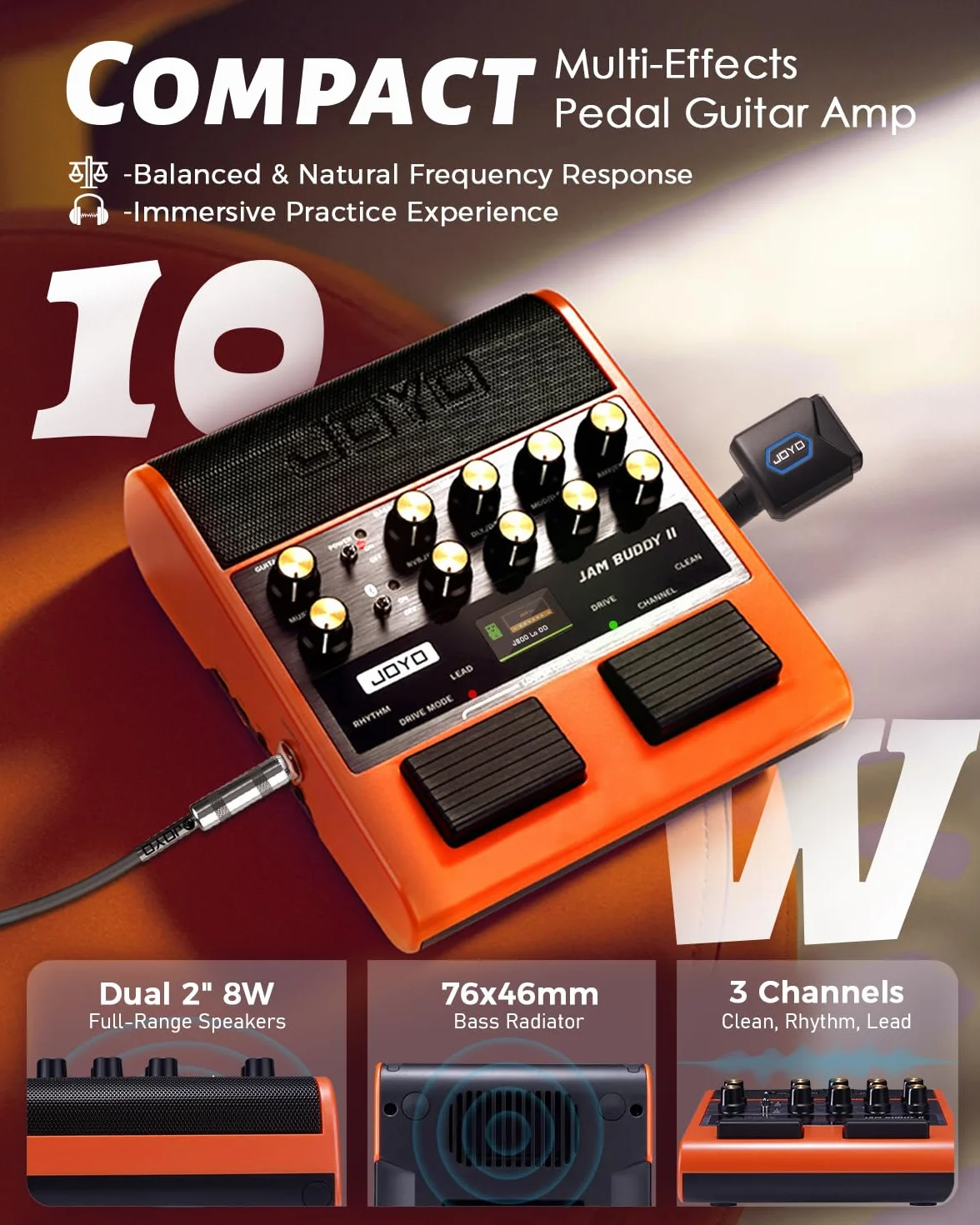 JOYO - Amplificador de entrenamiento de guitarra portátil de 10 W con pedal multiefecto, grabación OTG, Bluetooth, 14 modelos de amplificador, ecualizador de 3 bandas, 36 ritmos y Looper (Jam Buddy II