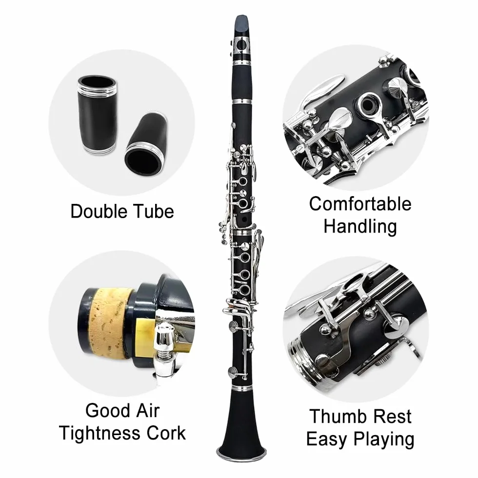Clave para clarinete para principiantes, para estudiantes y adultos, de madera de ebonita, chapado en níquel, con 2 barriles, cañas y accesorios (llave BB-clarinete)
