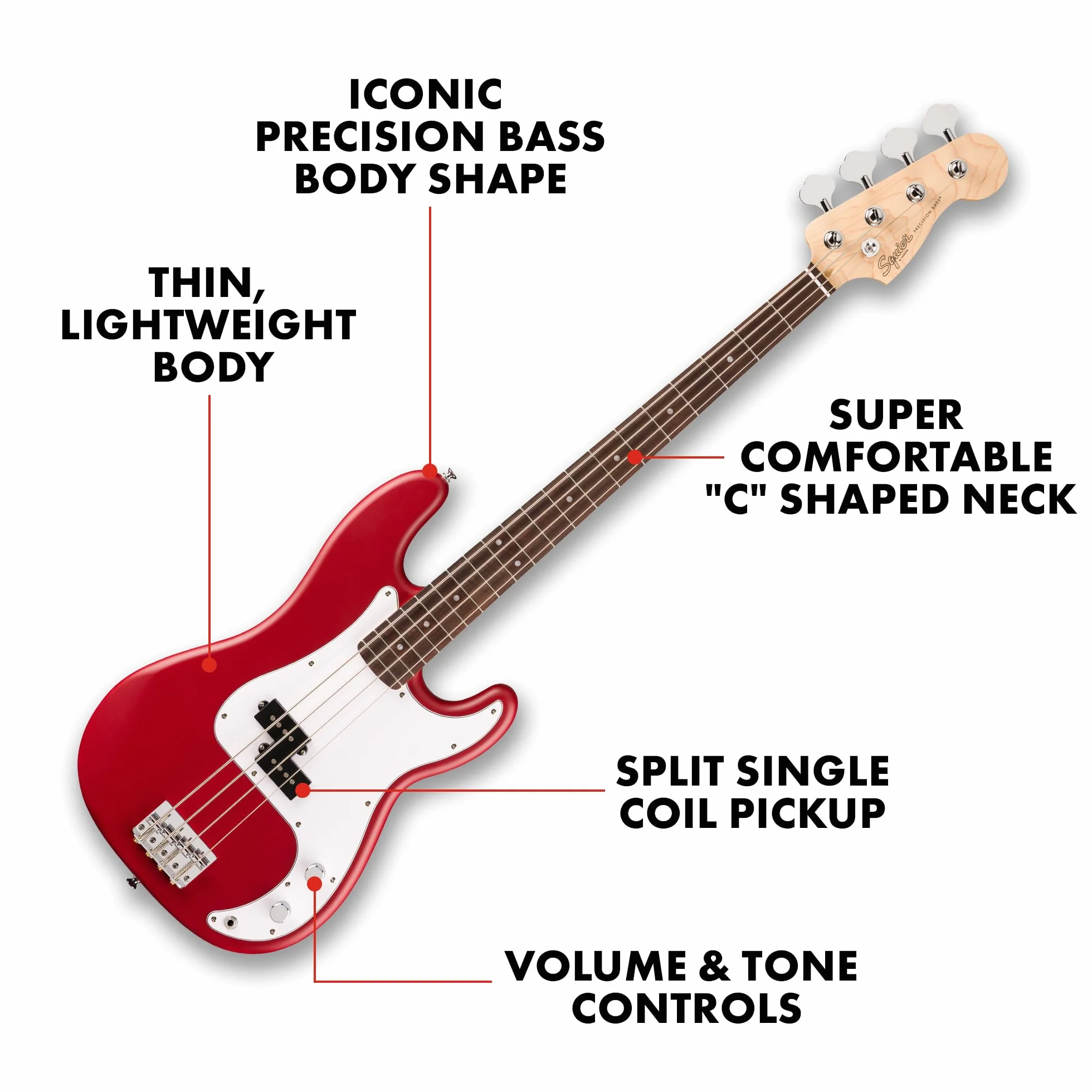 Fender Squier Debut Series Precision Bass Guitarra Bajo, Guitarra para Principiantes, con 2 Años de Garantía, Rojo Dakota