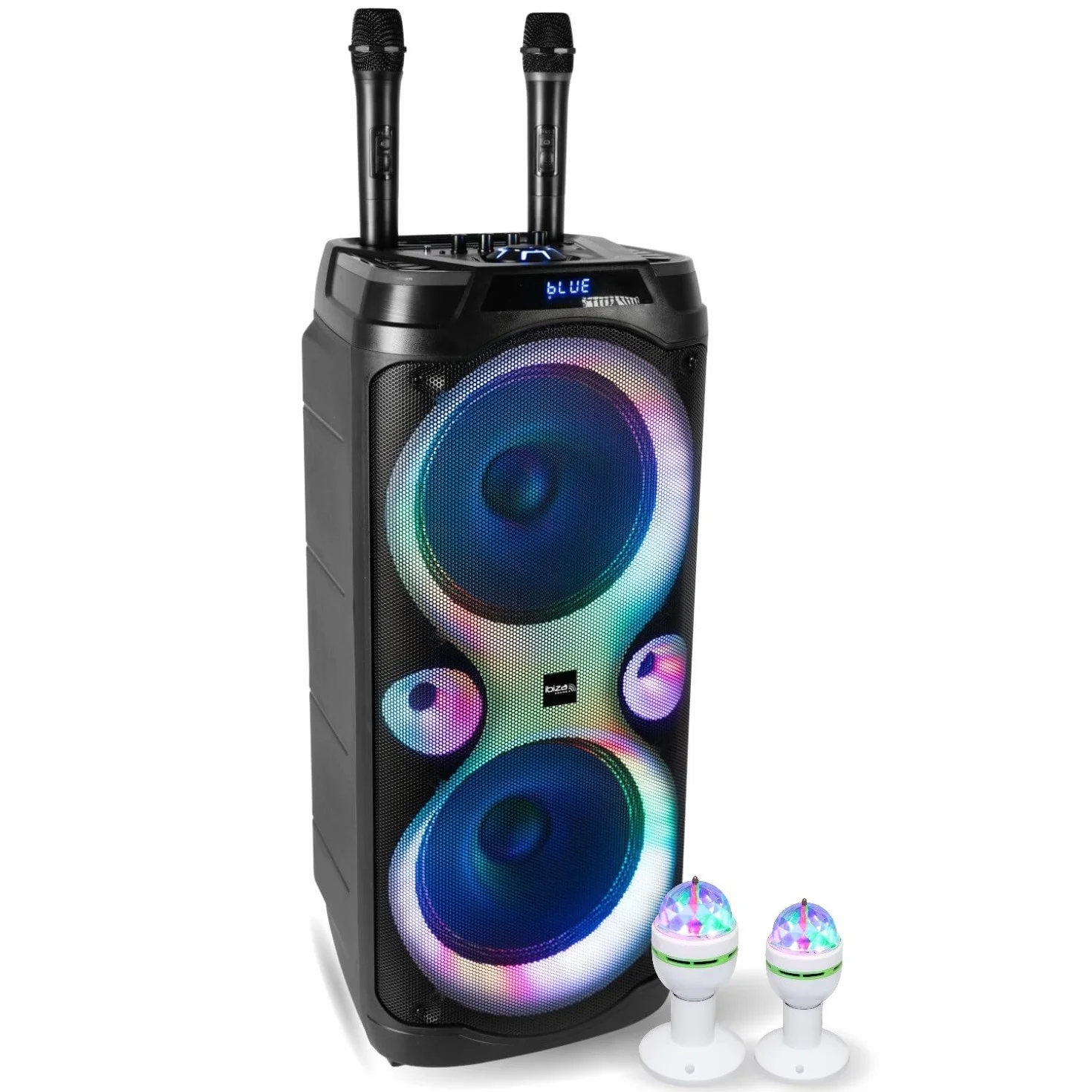 Ibiza Sound - Pack de altavoz Karaoke (1000 W, Bluetooth TWS, 1000 W, 2 micrófonos inalámbricos, 2 efectos de luz giratoria, noche