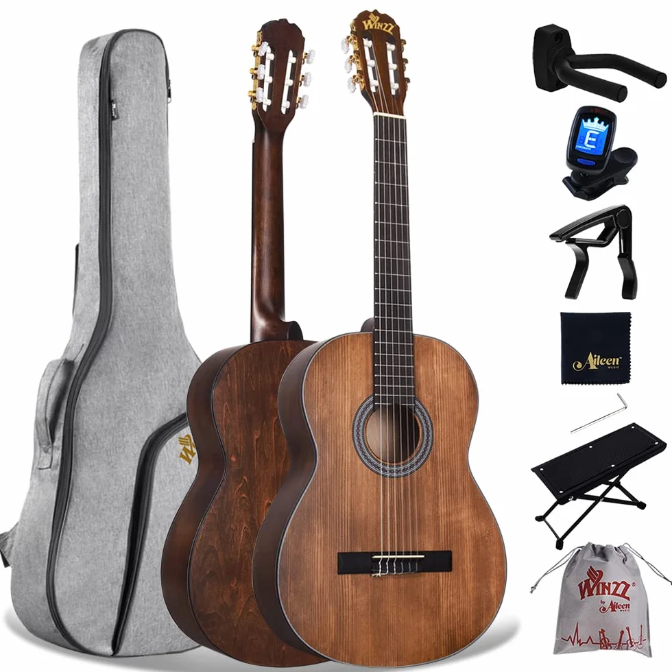 Winzz Guitarra Clásica 4/4 Adulto, Guitarra Clásica para Principiantes 39 Pulgadas, Color Marrón