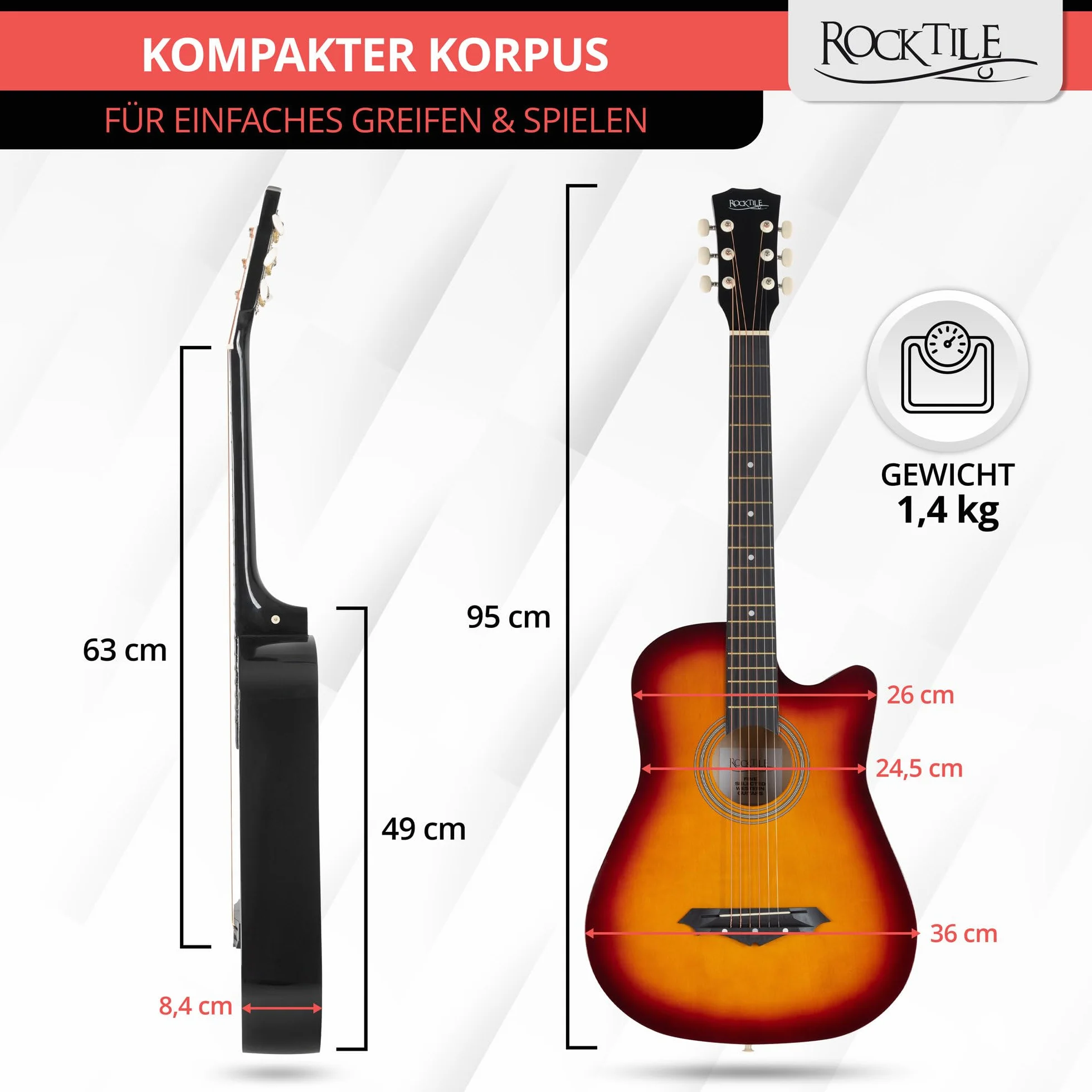 Rocktile WSD-5C-SB Slim Line Westerngitarre Set – Dreadnought Akustikgitarre mit Linde-Korpus, Catalpa-Hals, inkl. Tasche, Ersatzsaiten, Gurt & Plektren – Sunburst.
