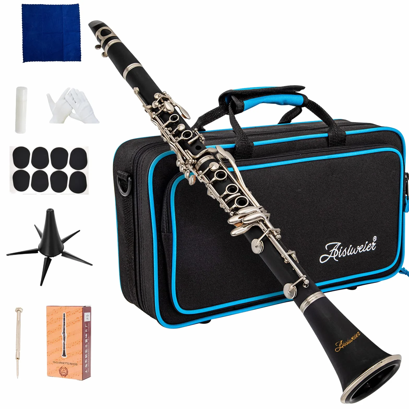 B-Flat Clarinete de ébonita negra para estudiantes principiantes, con llaves niqueladas, cinturón, grasa para articulaciones, guantes blancos, paño de pulido suave, cojín de 8 boquillas,