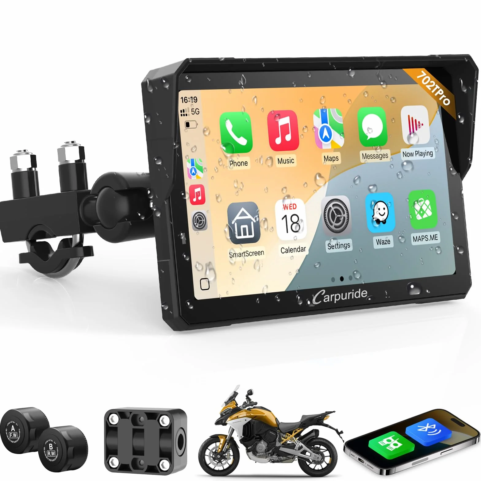 Carpuride W702T Pro Motocicleta Carplay Pantalla con TPMS Sistema, Inalámbrico CarPlay y Android Auto, 7" Impermeable Táctilpantalla, Dual Bluetooth, Intercomunicador Función, Nav, Brújula, Barómetro.