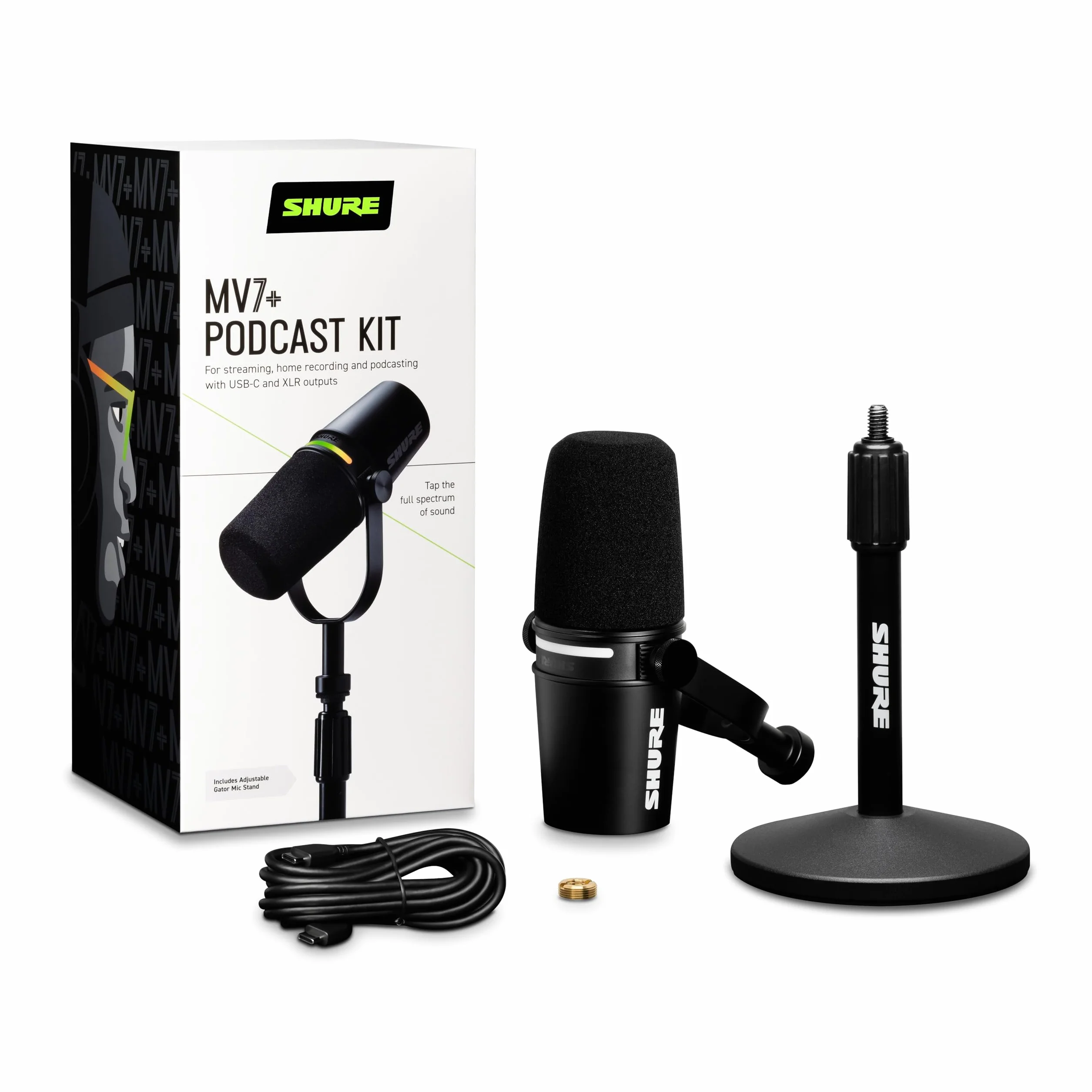 Shure MV7+ Micrófono para Podcast con Soporte de micrófono-Audio Mejorado, Panel táctil LED, Salidas USB-C y XLR, Modo de nivelación automática, Filtro Pop Digital, Efectos de reverberación - Negro