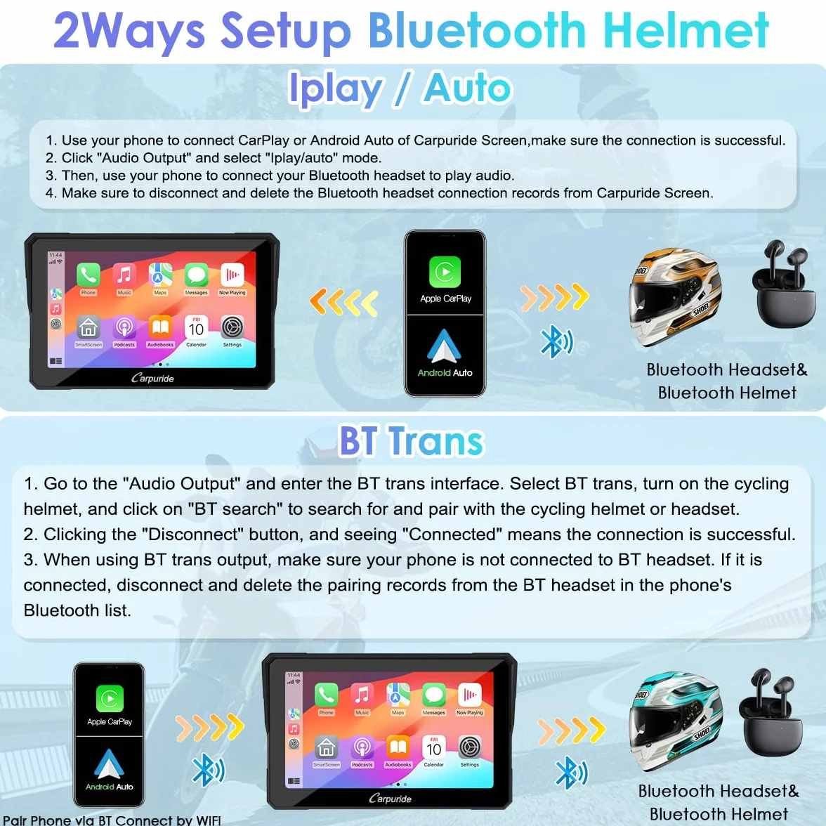 Carpuride W702B Pantalla GPS Carplay para Motocicleta 7 Pulgadas Impermeable Bluetooth