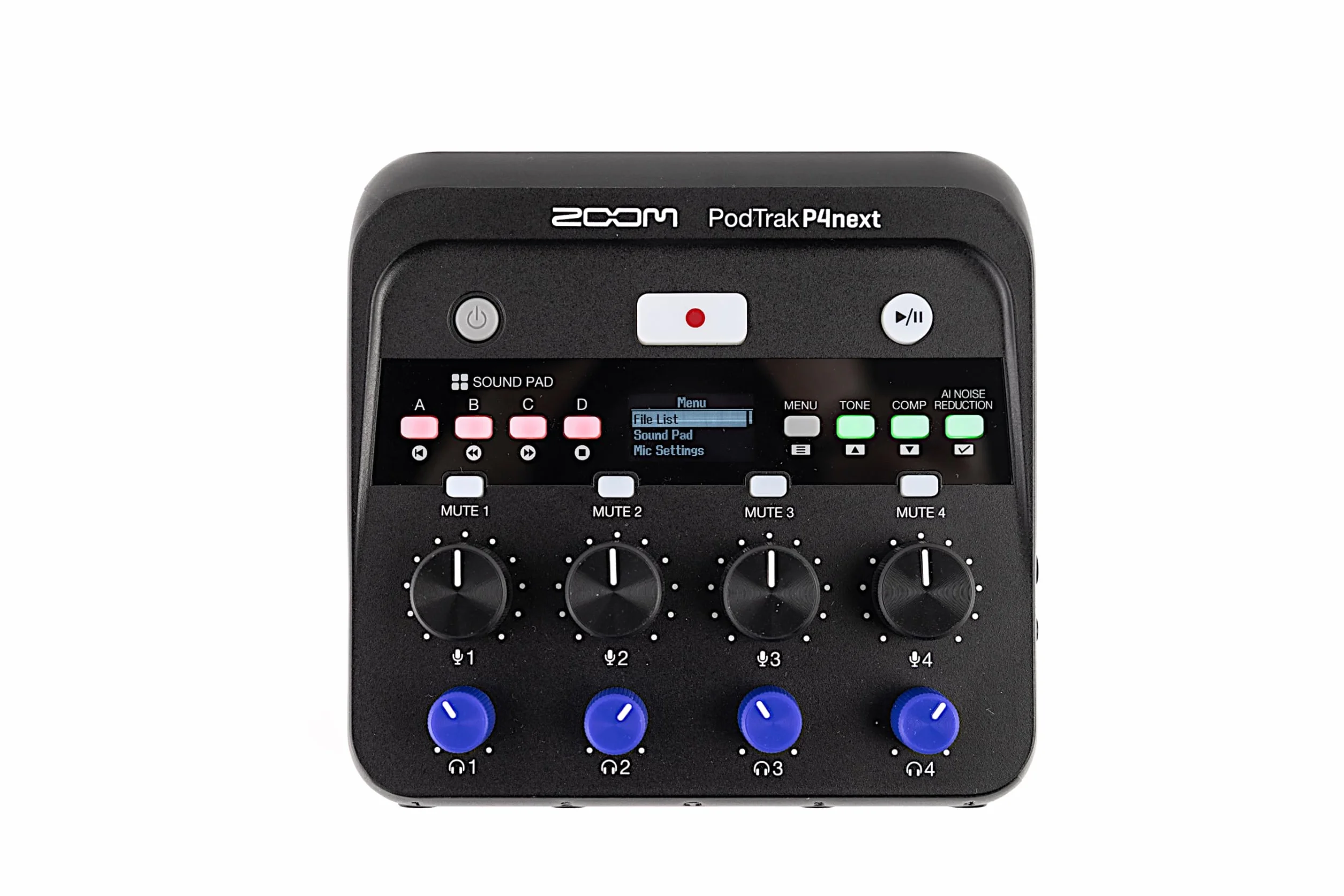 Zoom - PodTrak P4next – grabadora de podcast de 4 micrófonos, reducción de ruido con IA, pads de sonido, interface USB-C, grabación en tarjeta SD de hasta 2 TB, alimentado por pilas o USB