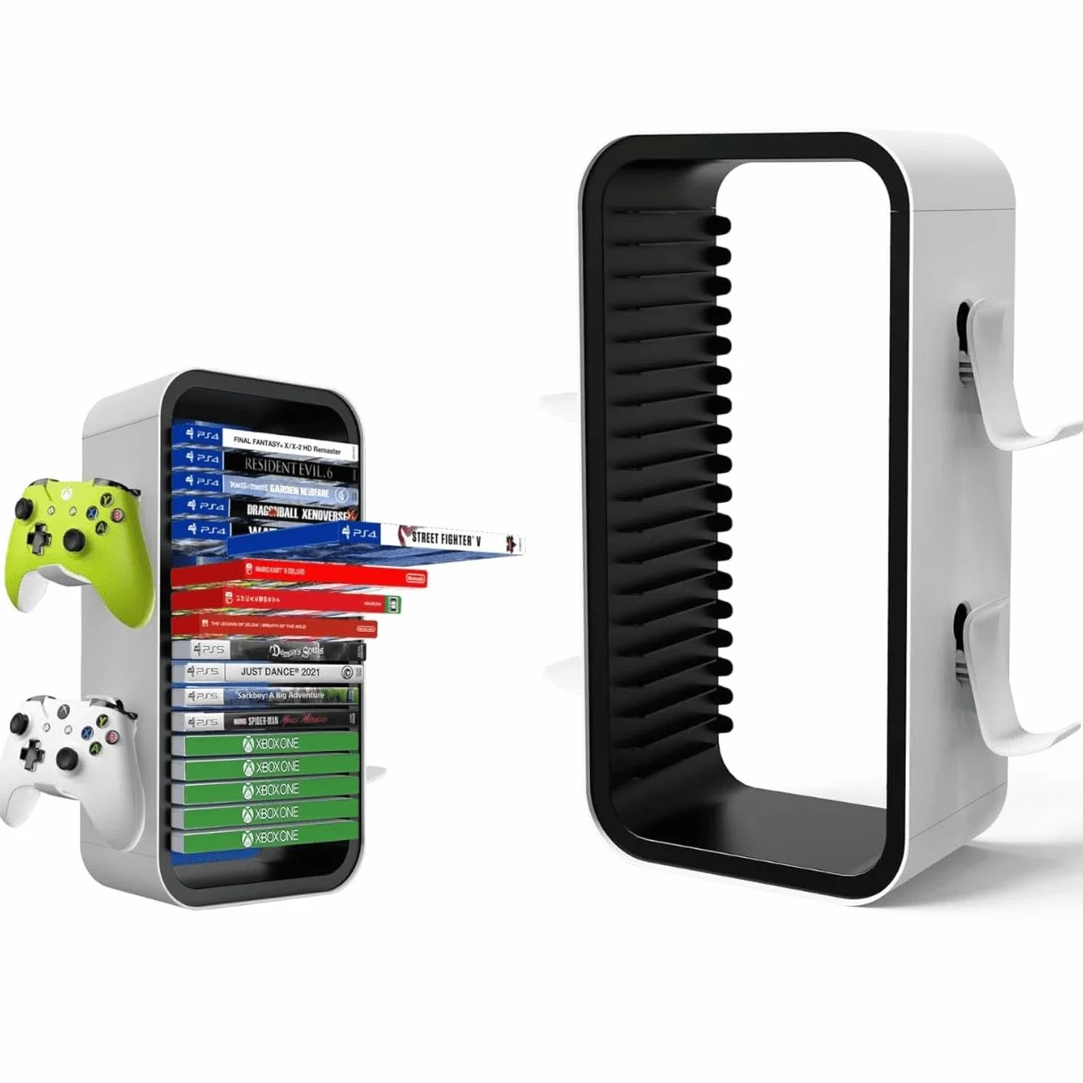 Soporte de almacenamiento para PS5 /PS4/Xbox/Nintendo Torre de almacenamiento vertical Soporte de juegos Almacena hasta 18 juegos Disco 4 Switch Controller