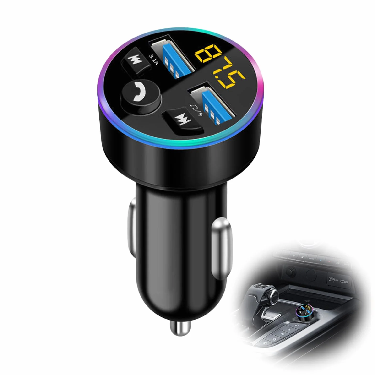 Bluetooth Coche, Transmisor FM para Coche, Adaptador Bluetooth 5.0 para Coche, Adaptador de Audio MP3, Carga Rápida Transmisor FM Bluetoot Coche Manos, con Cargador Dual USB para Teléfono Móvil
