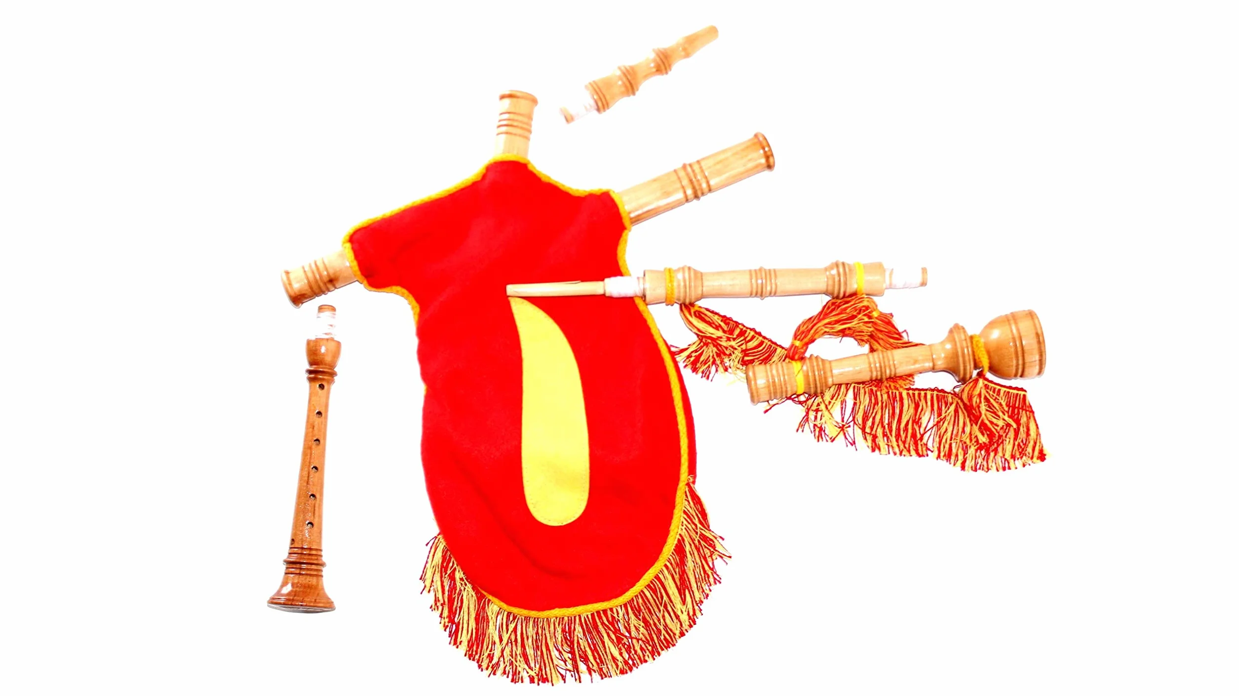 Gaita gallega Juguete, Fieltro Rojo lágrima Amarilla, Madera Fresno Lacado Natural, Fuelle Fieltro Rojo, Flecos Bandera española, Cordon Amarillo, para niños Que empiezan a Dar Sus primeras Notas.