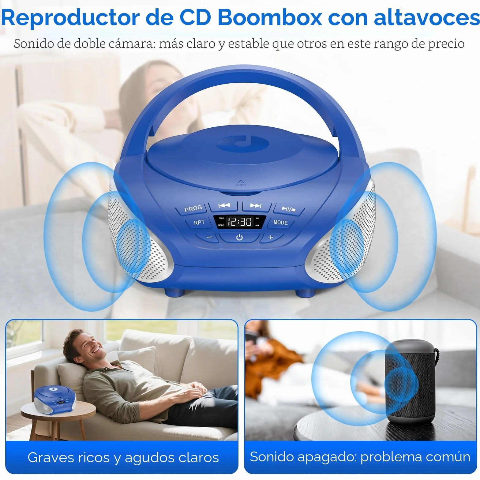 Gueray Reproductor CD Portátil Boombox Radio FM Estéreo con Altavoces Entrada AUX 3.5 mm Pantalla LCD Azul Plata