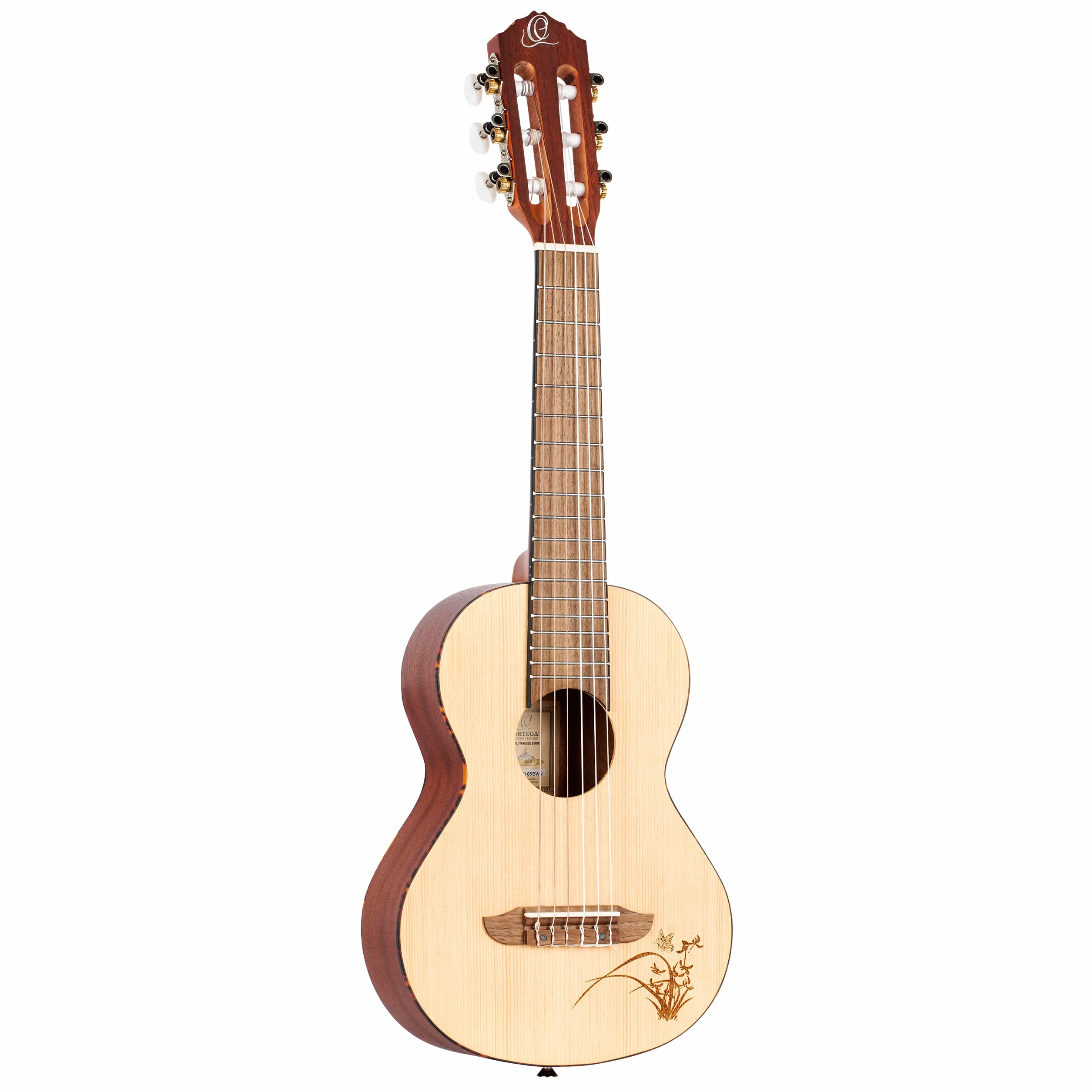 Ortega Guitars Travel Guitar acústica - Mini/Travel Series - Guitarlele 6 cuerdas - tapa de abeto grabado a laser (RGL5)