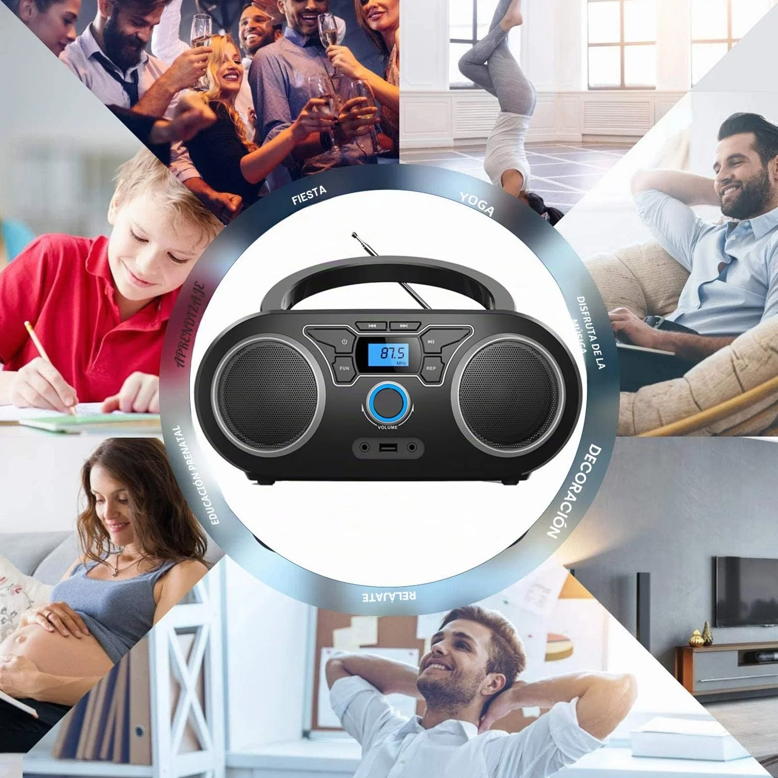 Reproductor de CD, portátil con Bluetooth, Radio FM portátil estéreo con Sonido cristalino, reproducción de CD MP3, Entrada USB/AUX, CD para niños