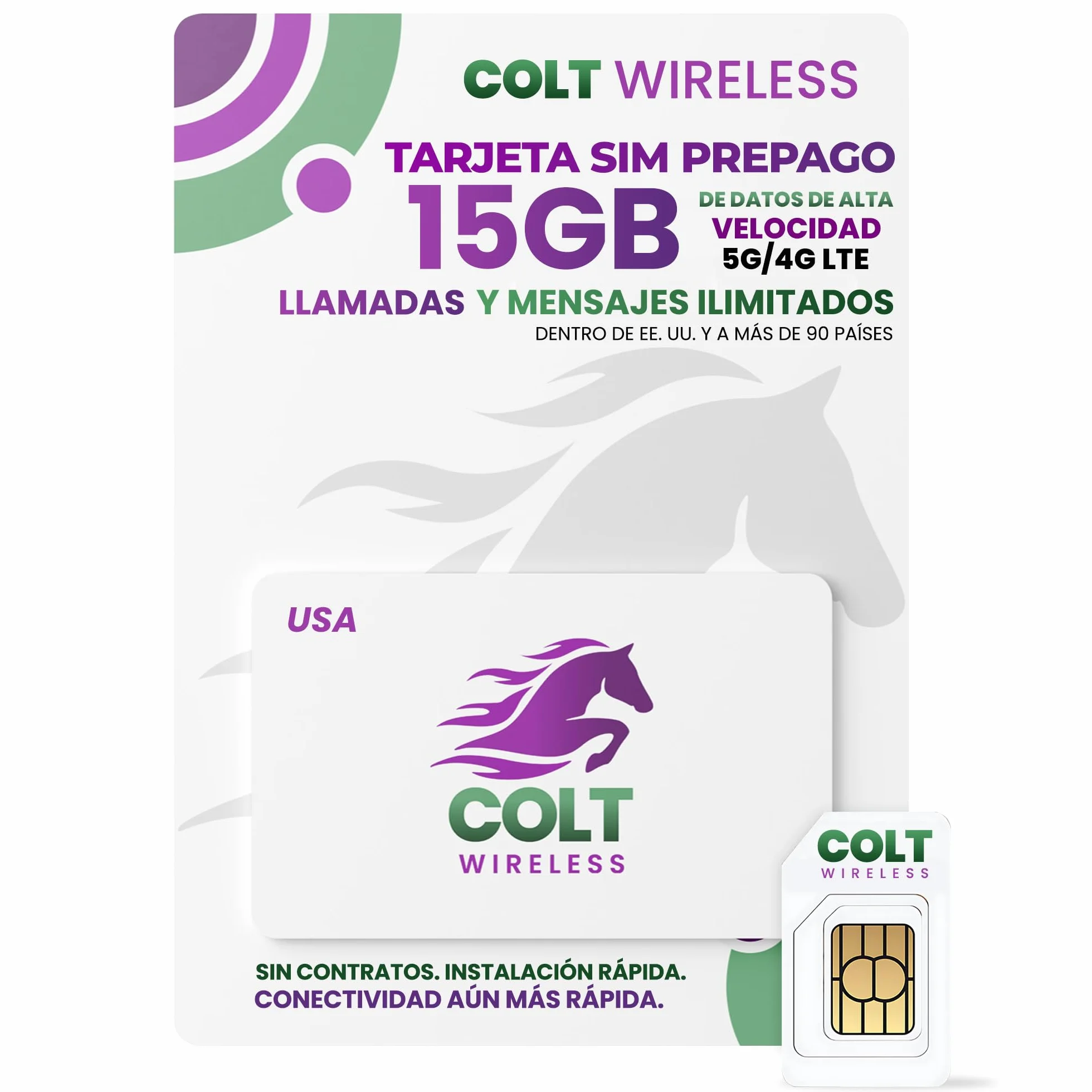 Tarjeta SIM Prepago Física Colt Wireless de 30 Días Desde EE. UU. con 15GB de Datos 4G LTE/5G Ilimitados, Llamadas y SMS a más de 90 Países, Plan Prepago con Hotspot Móvil, Activación Fácil