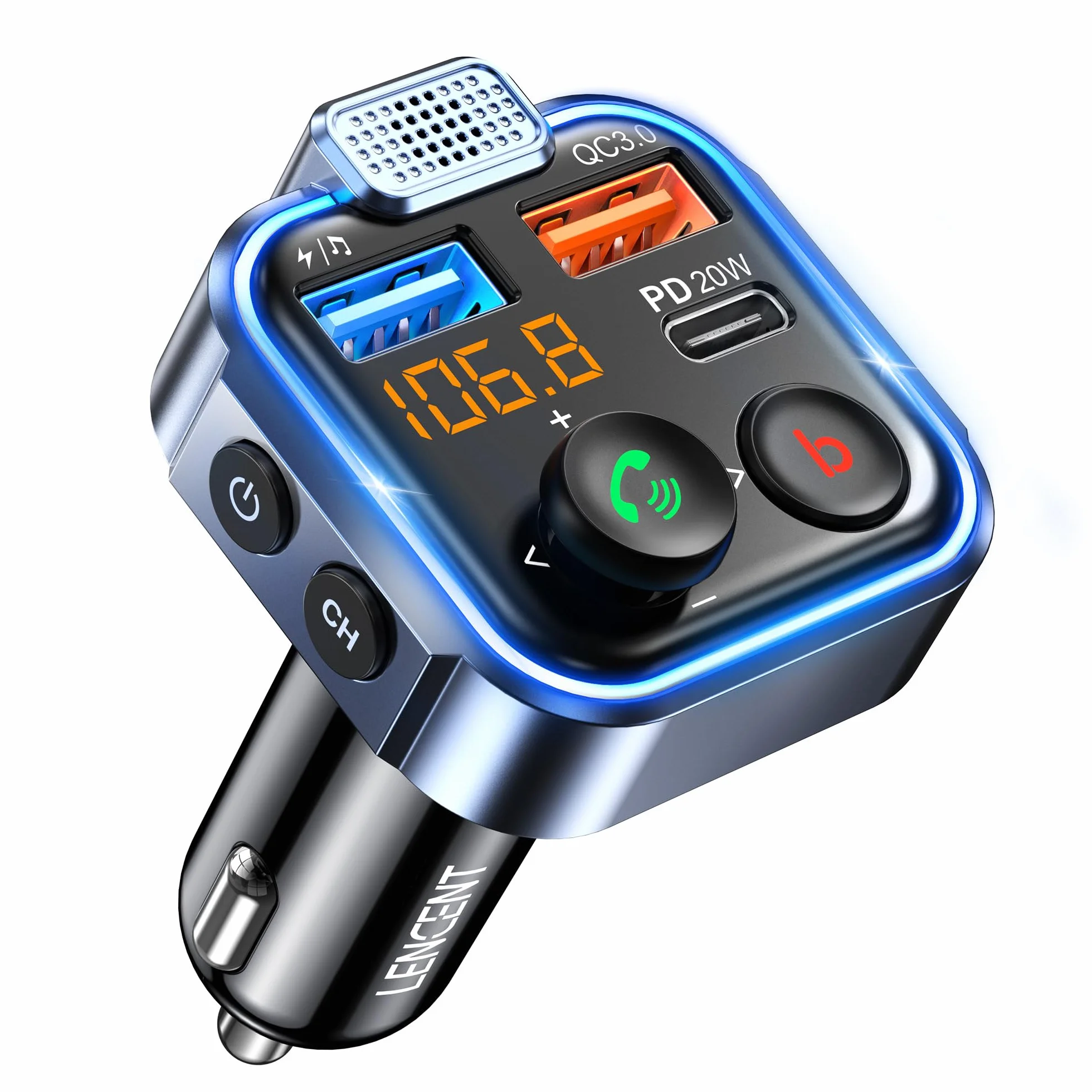 LENCENT Transmisor FM Bluetooth 5.3 Manos Libres Adaptador Radio Coche Carga Rápida 20W USB Tipo C